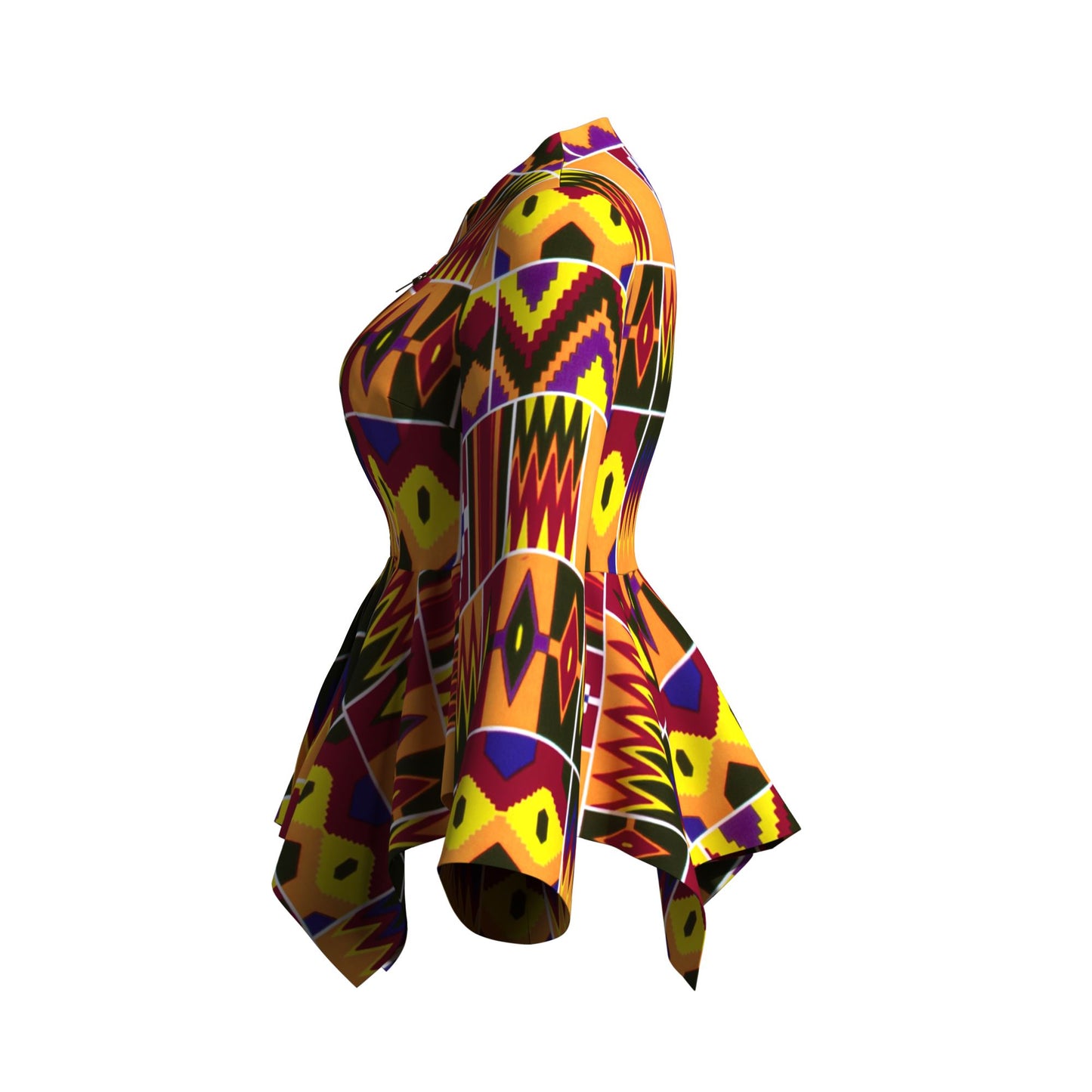 Kente Print Asymmetric Peplum Top with Bell Sleeves