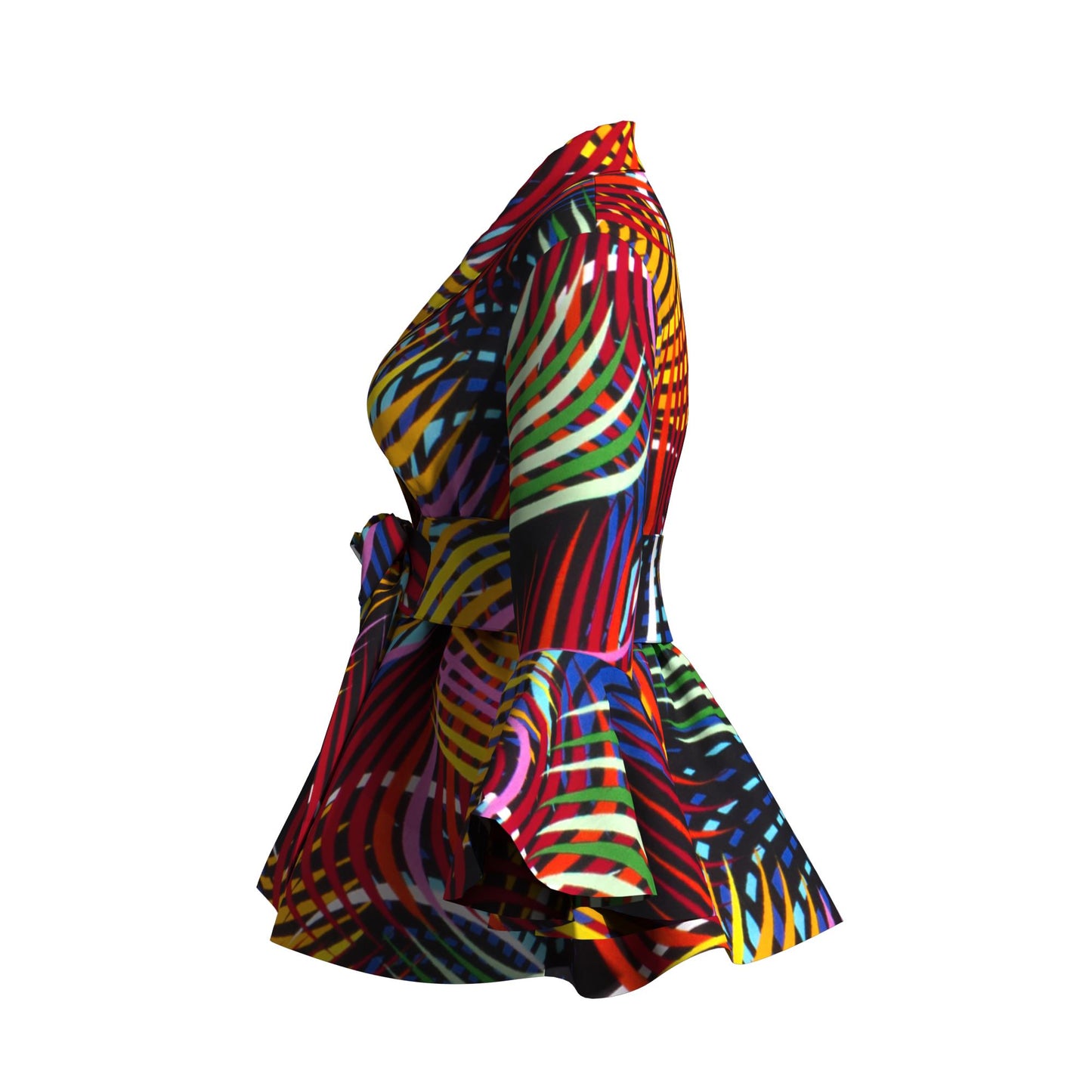 Ladies Vibrant Ethnic Geometric Print Stand Collar Bell Sleeve Peplum Top With Coordinating Waist Tie