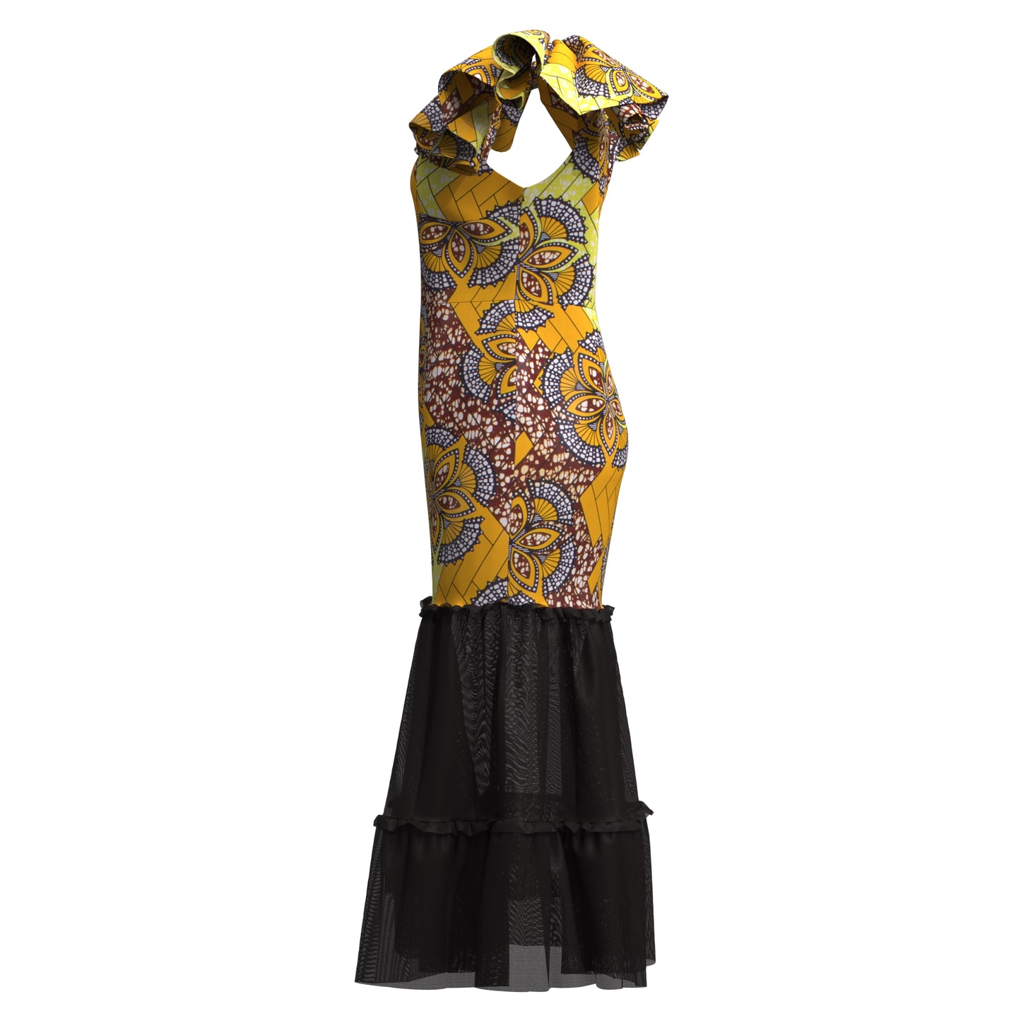 African Ankara Print Ruffle Sleeve Mermaid Dress with Sheer Mesh Hem