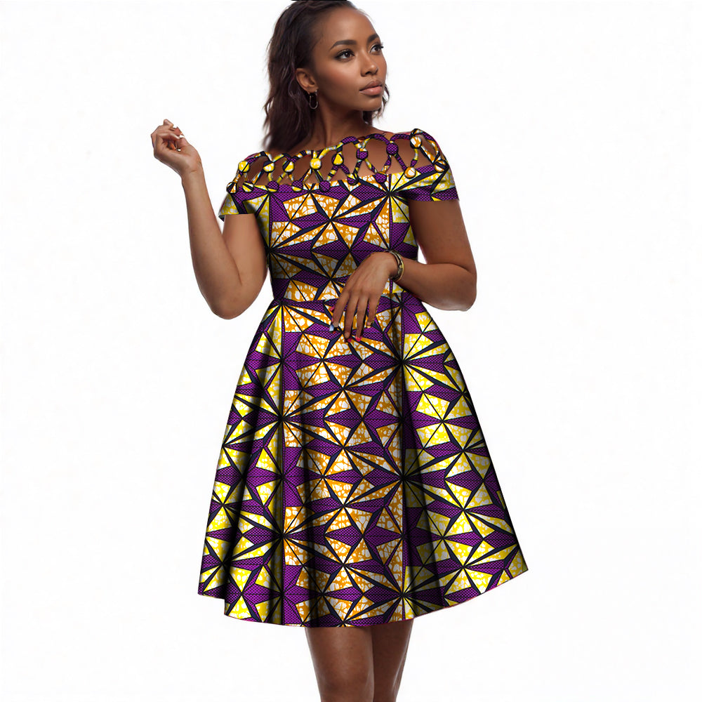African Print Cotton Rope Button Cutout Off-Shoulder Midi Dress – Elegant Ankara Fit-and-Flare Dress for Black Women