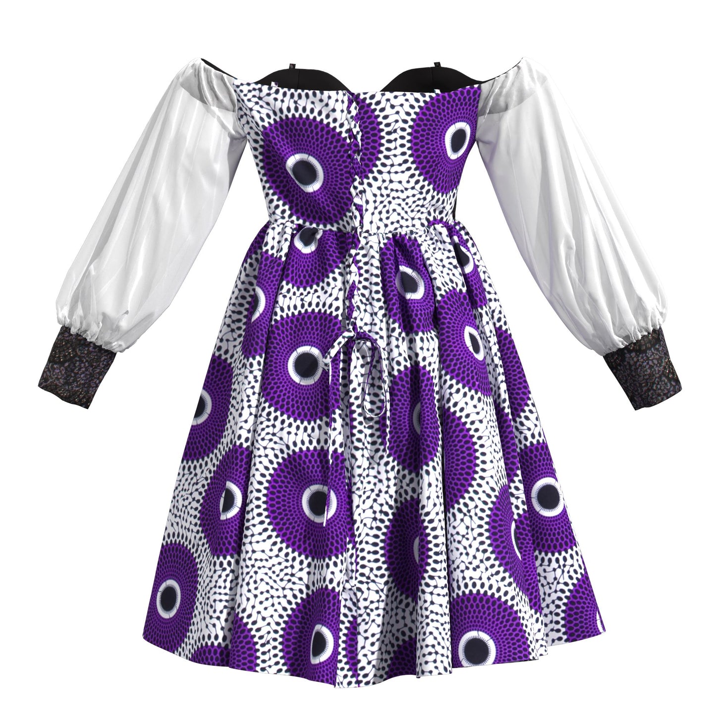 African Print Sequin Off Shoulder Mesh Sleeve A-Line Dress