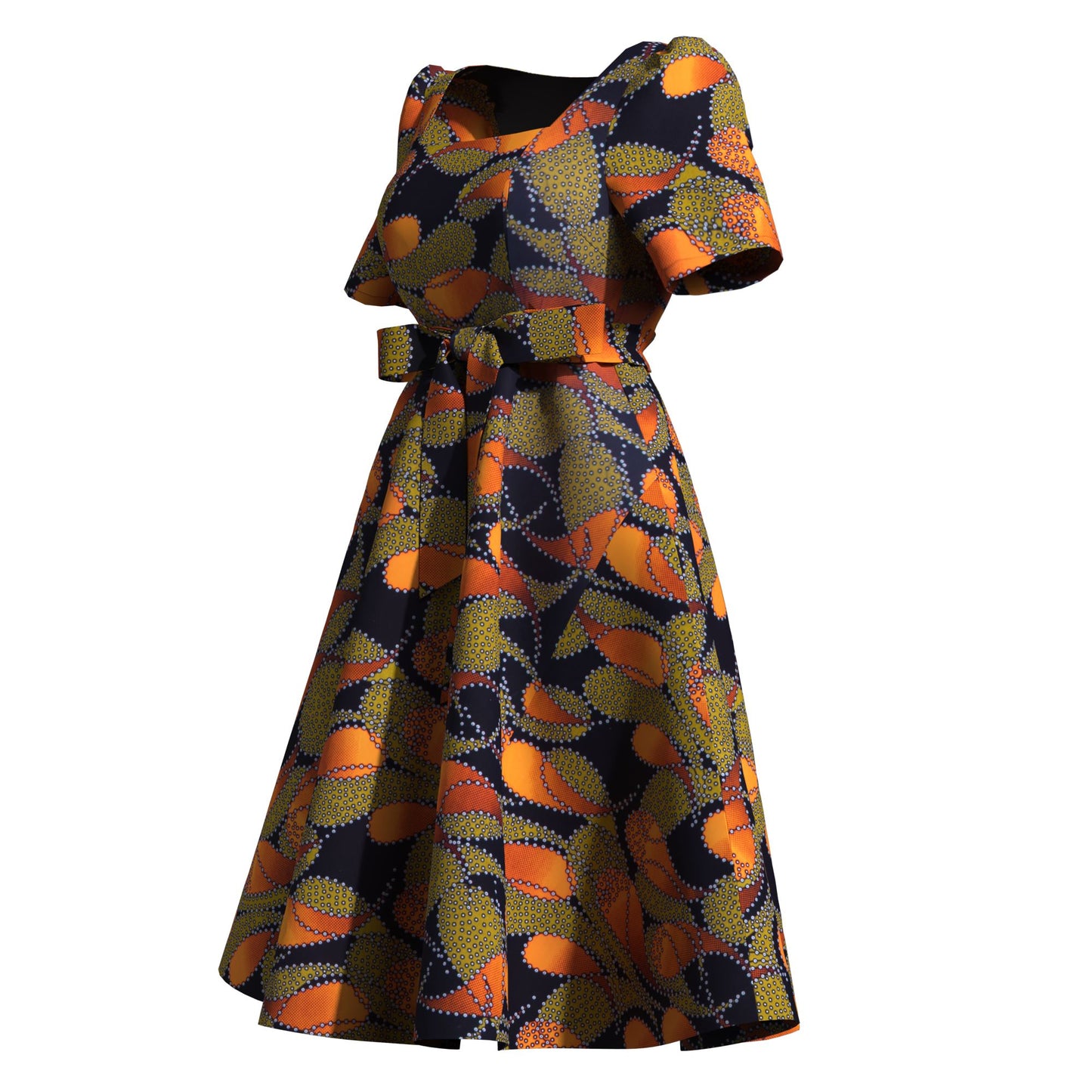 Women's African Print Midi Dress Short Sleeve & Belted Waist A-Line Ankara Fashion Dress