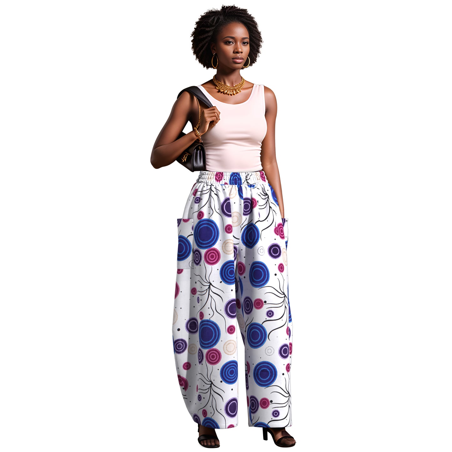 Artistic Abstract Circle Print High-Waist Balloon Pants – Vibrant Afrocentric Wide-Leg Trousers with Pockets