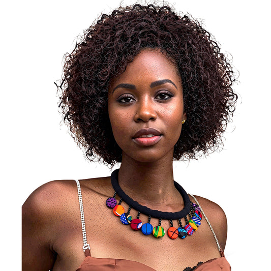 Ladies Kente Geometric Print Multi Round Fabric Button Bib Choker Adjustable Extension Chain Women Outfit Accessories
