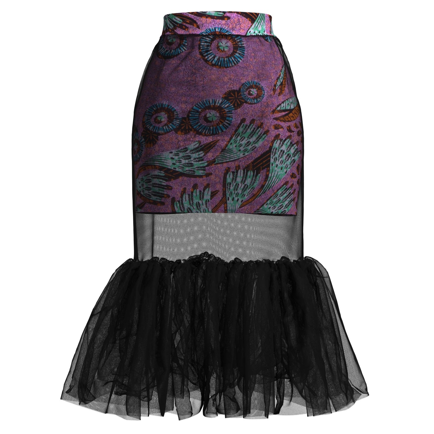 African Print Mesh Overlay Mermaid Midi Skirt
