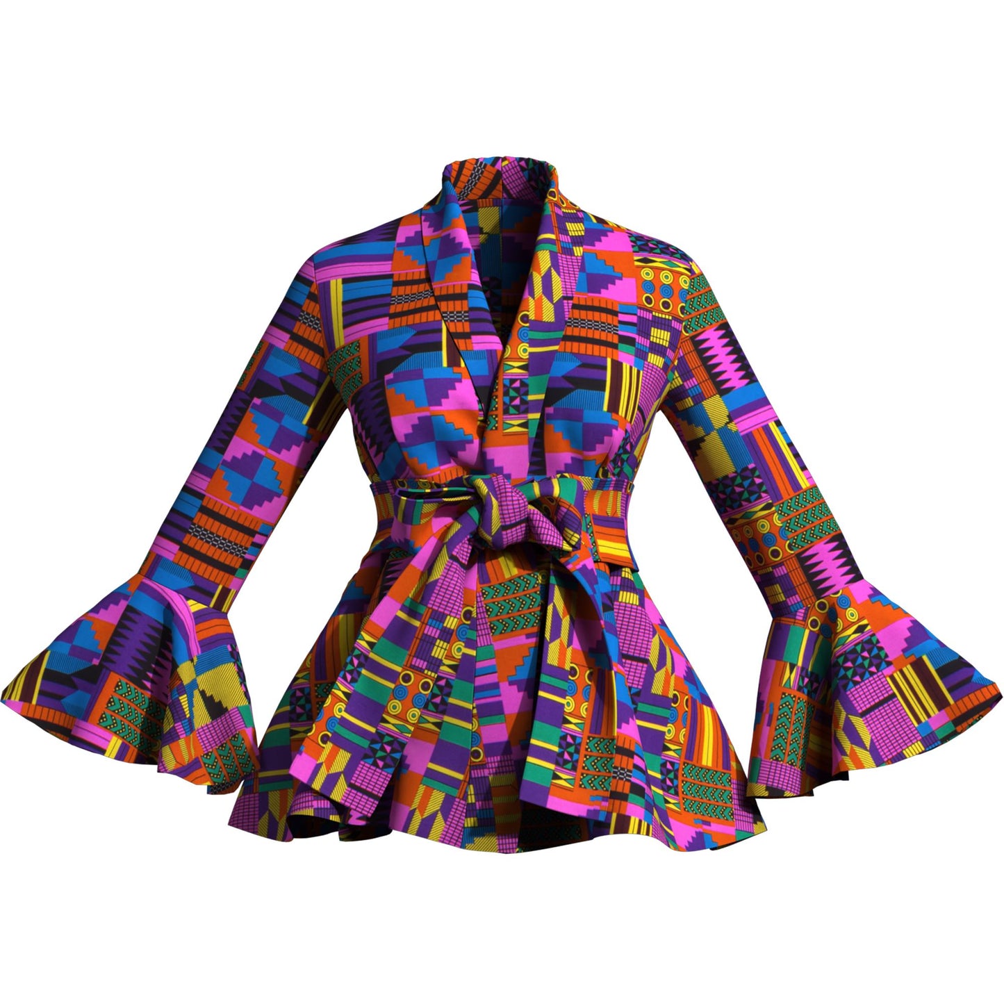 Ladies Vibrant Ethnic Geometric Print Stand Collar Bell Sleeve Peplum Top With Coordinating Waist Tie