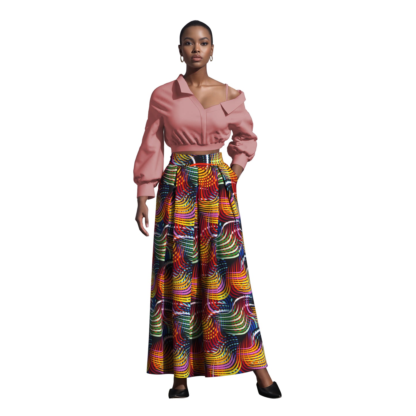 Women's African Print Maxi Skirt High Waist Pleated A-Line Skirt KG1213