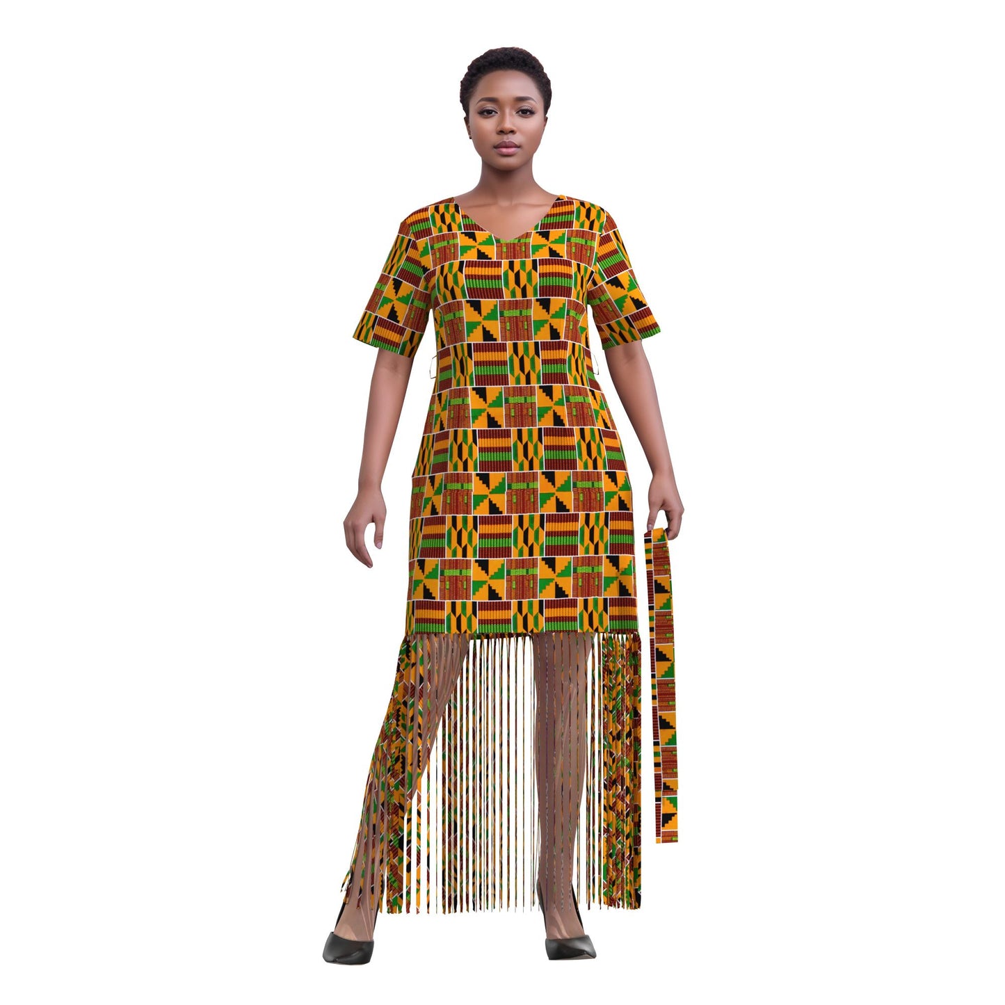 Bold Circular Ankara Print Fringe Hem Dress – Afrocentric Short Sleeve Midi Dress