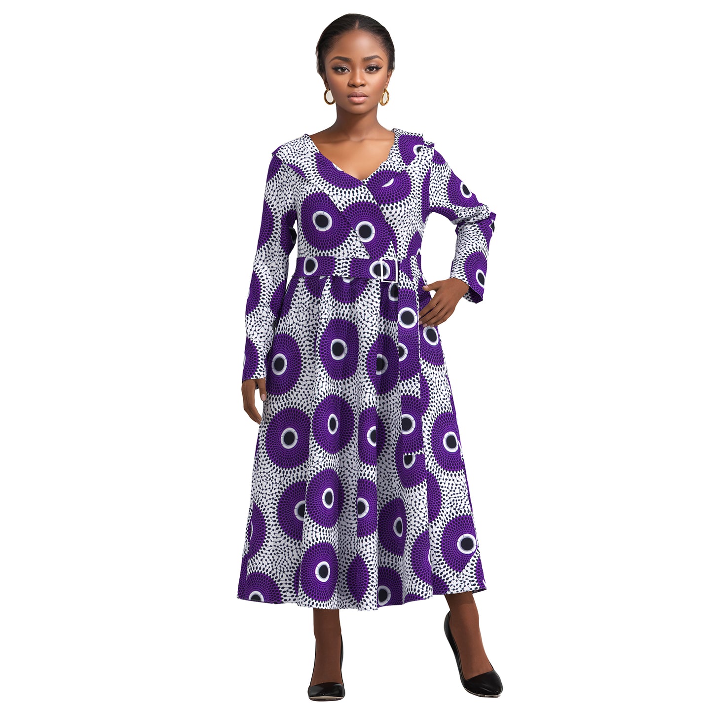 V-Neck Long Sleeve African Print Midi Dress with Tie Waist Belt