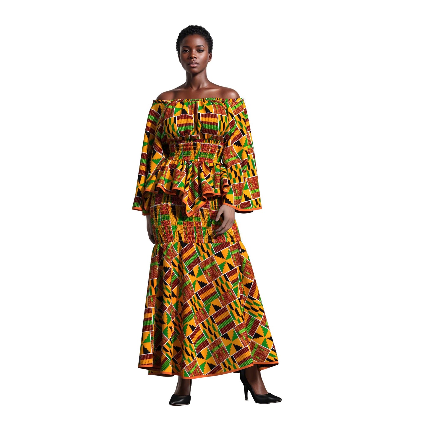Fashion African Women Dashiki Print Off Shoulder Flare Sleeve Two Piece Set Full Smocked Stretch Casual Party Outfit