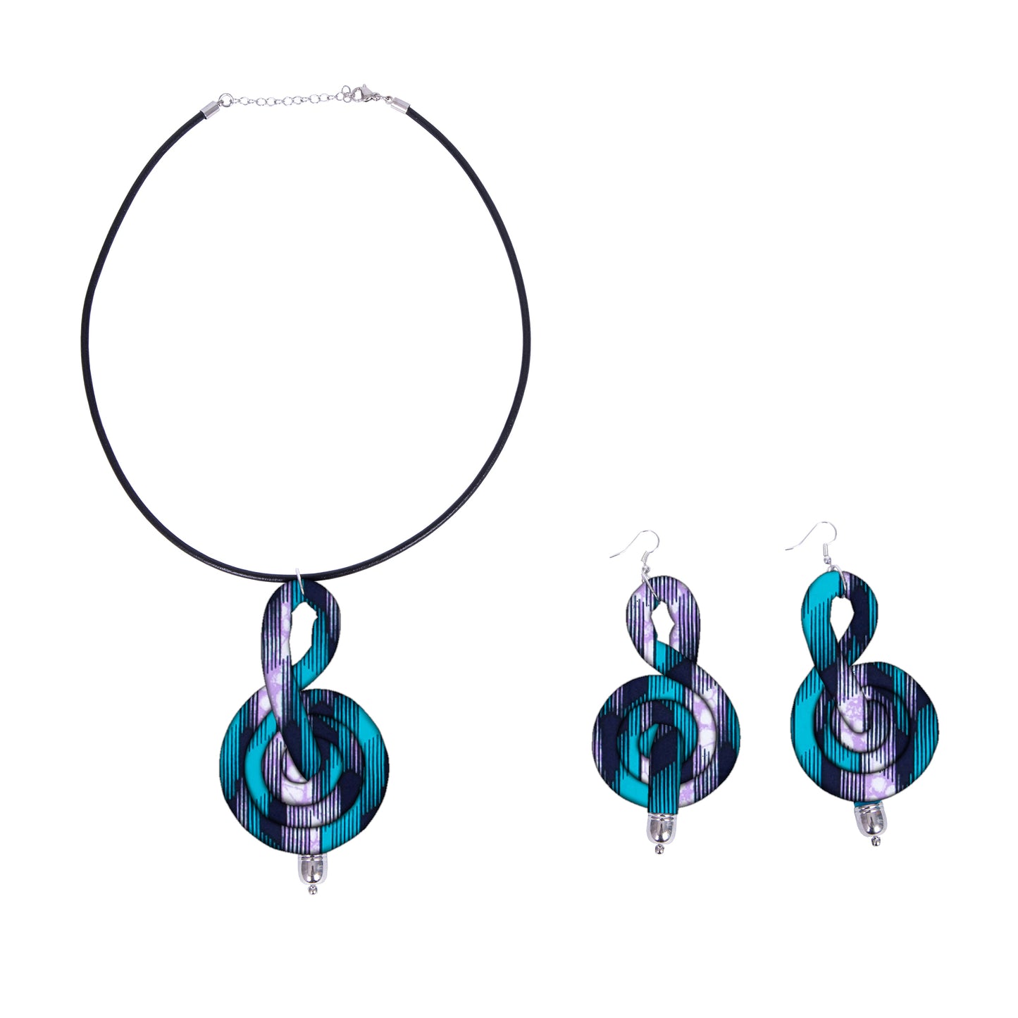 Ladies Kente Geometric Fabric Treble Clef Jewelry Set African Coordinated Neck & Ear Outfit Accessories
