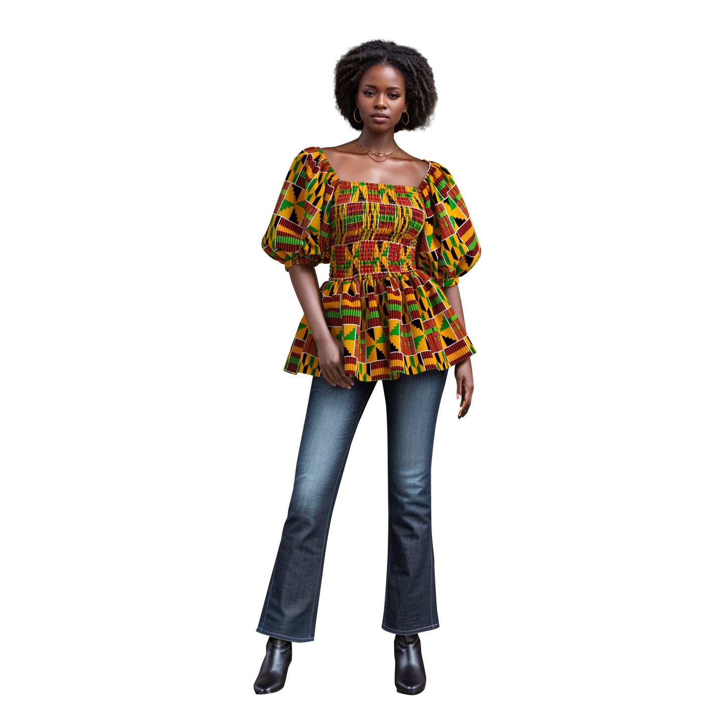 Tropical Wave African Print Puff Sleeve Peplum Blouse – Bold Colorful Ankara Top