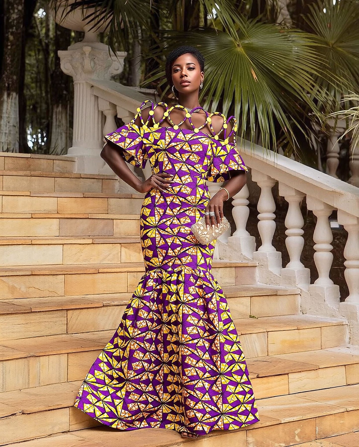 Women's African Print Off-Shoulder Maxi Dress | Rope Strap Detail | Ankara Ruffled Hem Gown