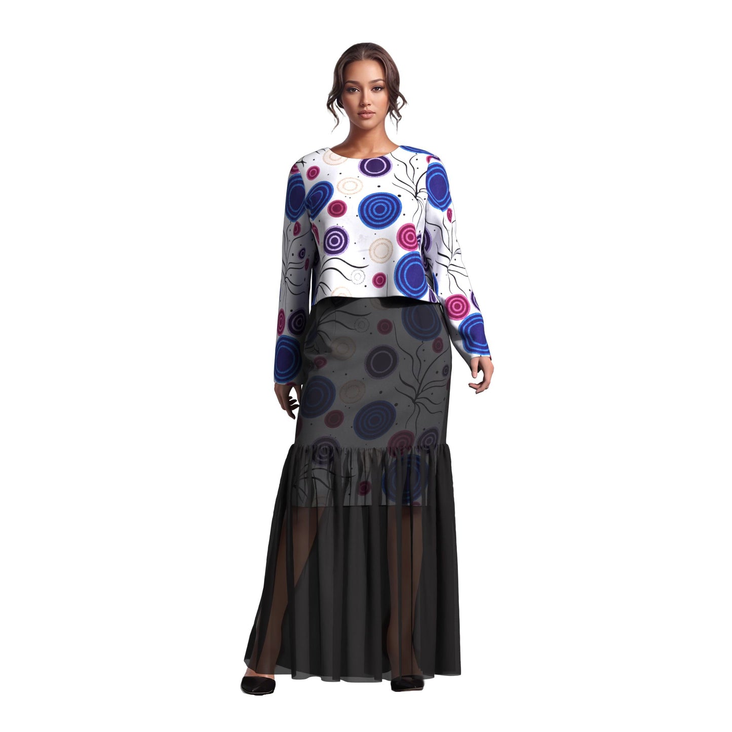 African Print Layered Sheer Mesh Mermaid Maxi Skirt Two Piece Set