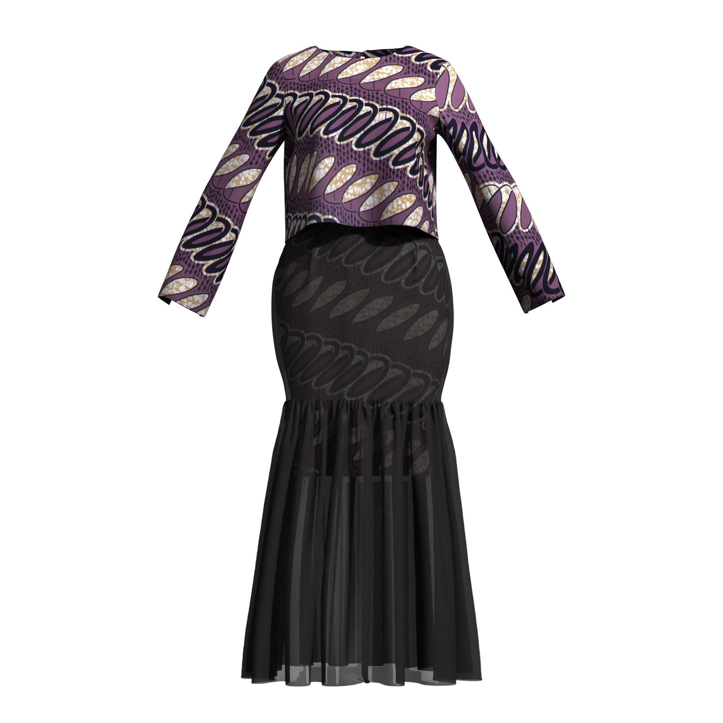 African Print Layered Sheer Mesh Mermaid Maxi Skirt Two Piece Set