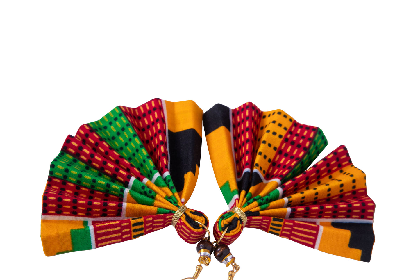 Handmade Fan Earrings with African Wax Print – Wire-Wrapped Cultural Dangle Earrings