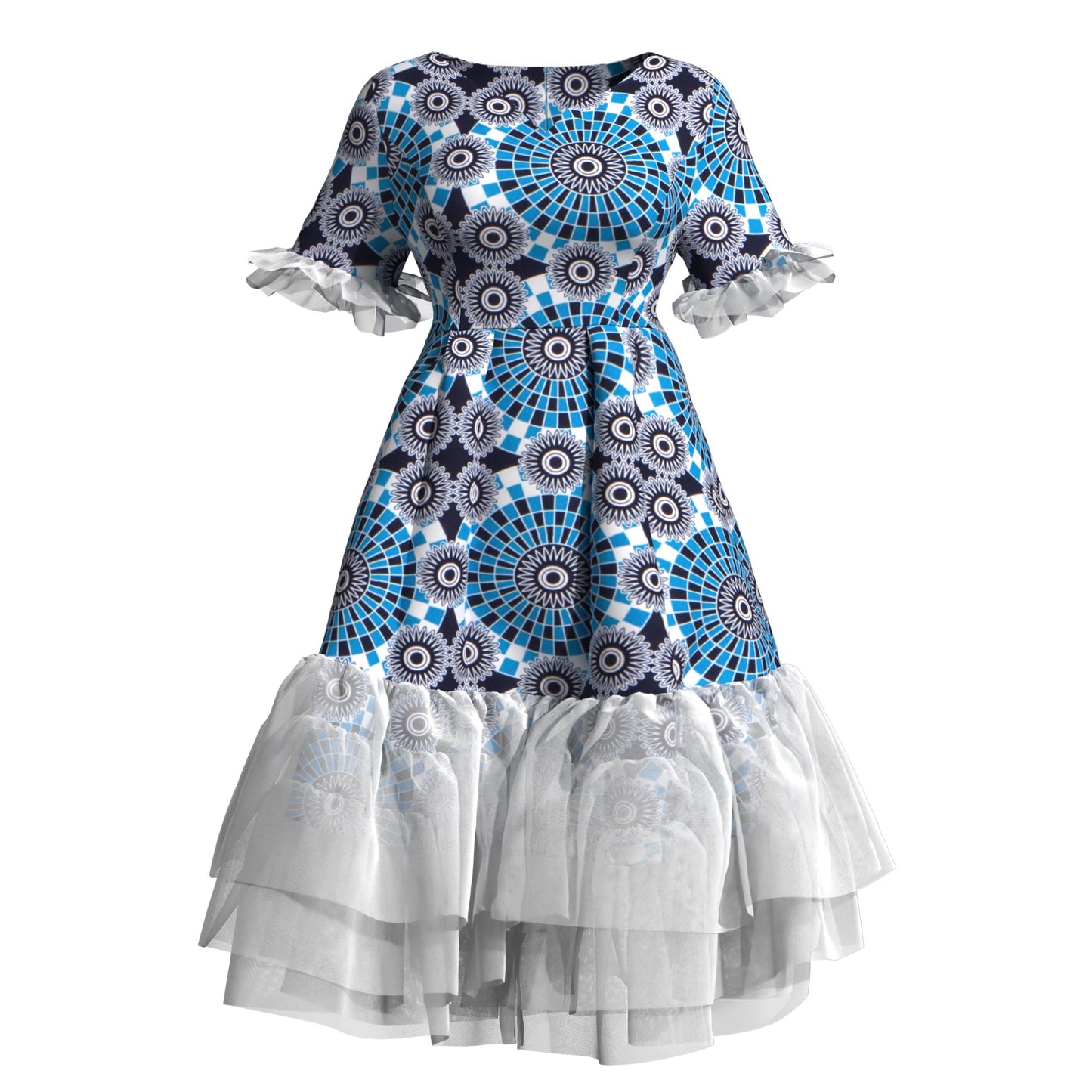 Kente Print Tiered Tulle Midi Dress – Short Sleeve Ankara Dress with Sheer Trim
