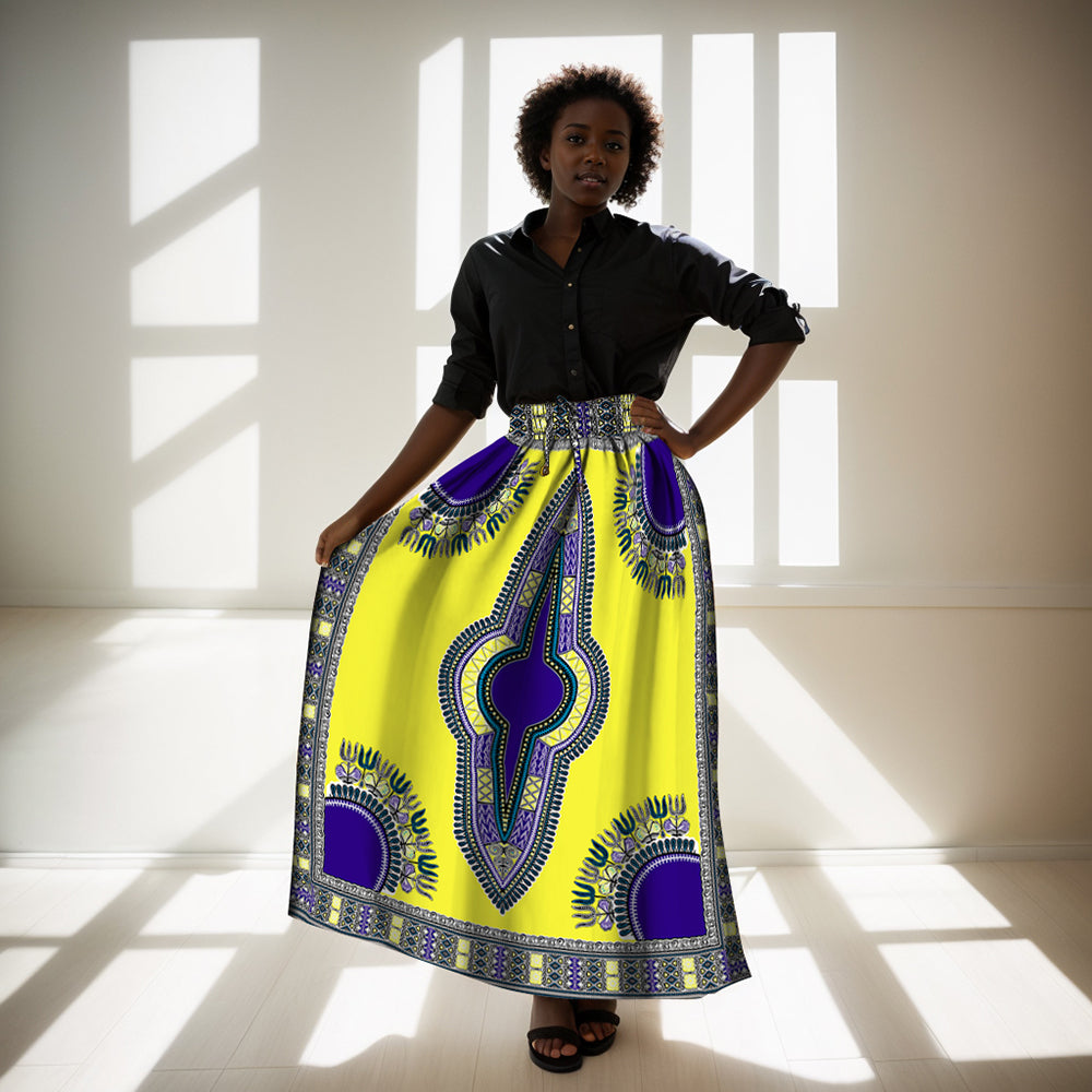 Women's High Waist Flowy Maxi Skirt Elastic & Drawstring Waist African Dashiki Pattern