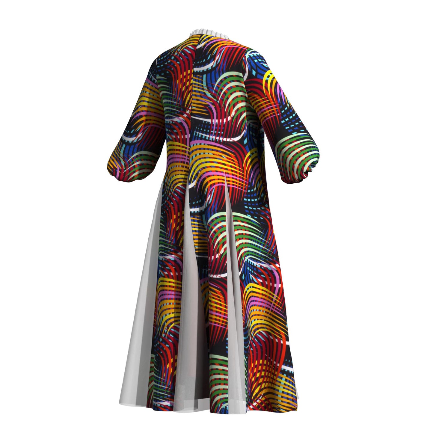 Women Bold Tribal Floral Print V Neck Puff Midi Dress Sheer Panel Split Layer Church Party Outfit