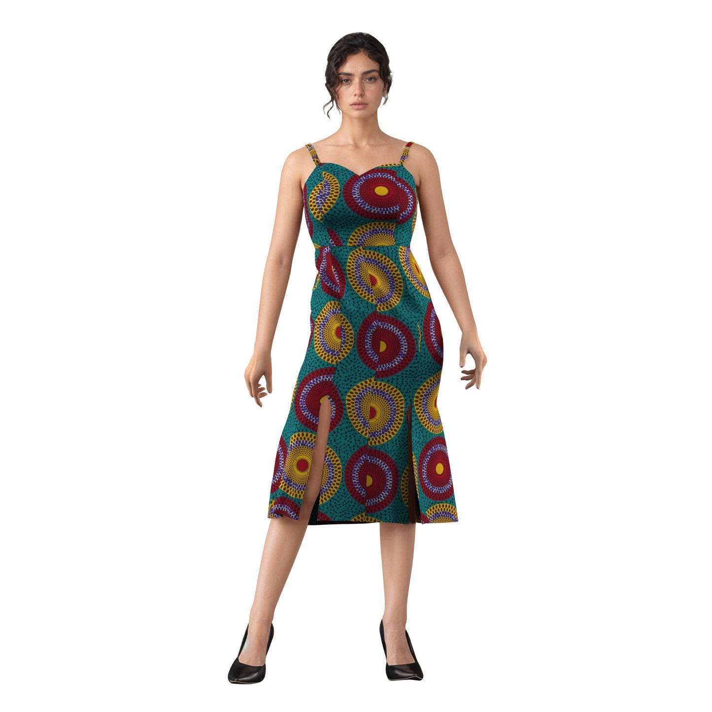 Ankara Print Sweetheart Neck Bodycon Midi Dress with Slit