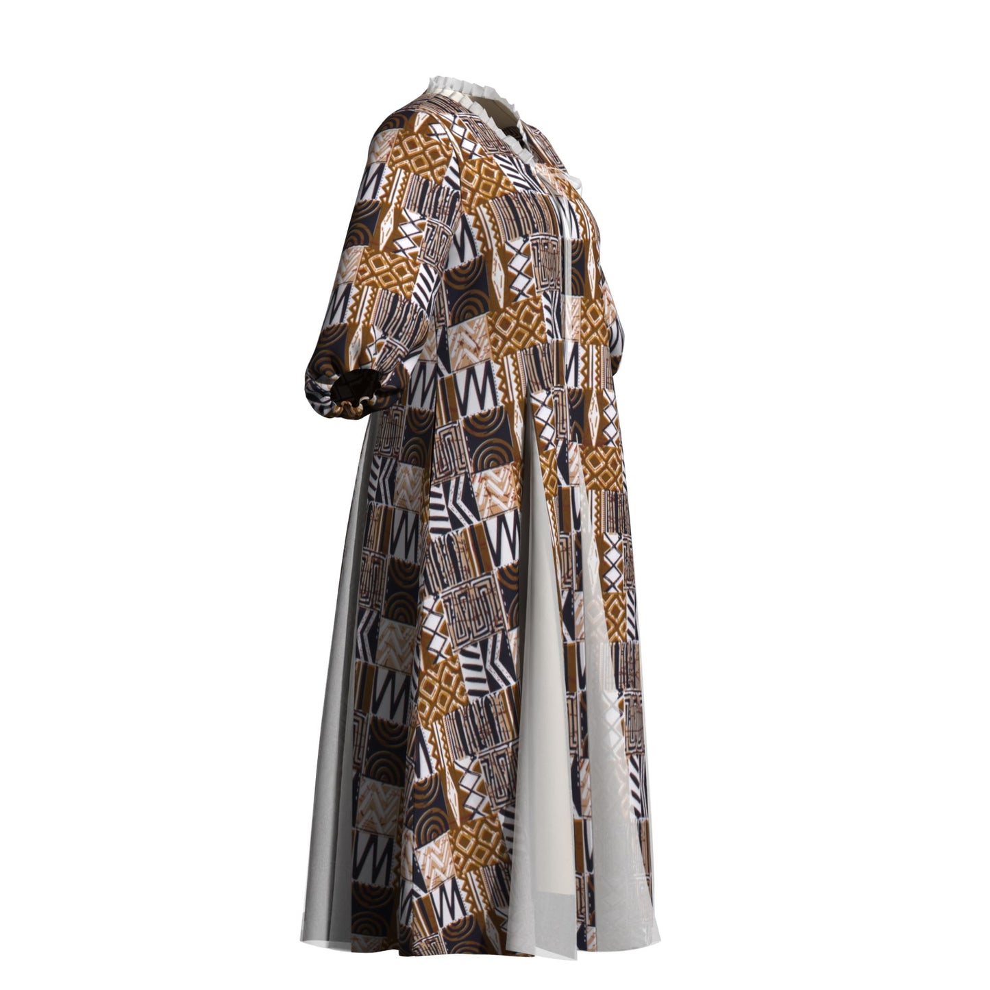 Women Bold Tribal Floral Print V Neck Puff Midi Dress Sheer Panel Split Layer Church Party Outfit