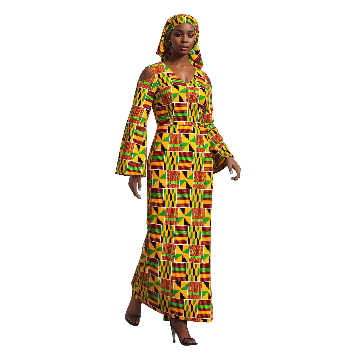 African Print High Waist Pleated Cold Shoulder Party Dress