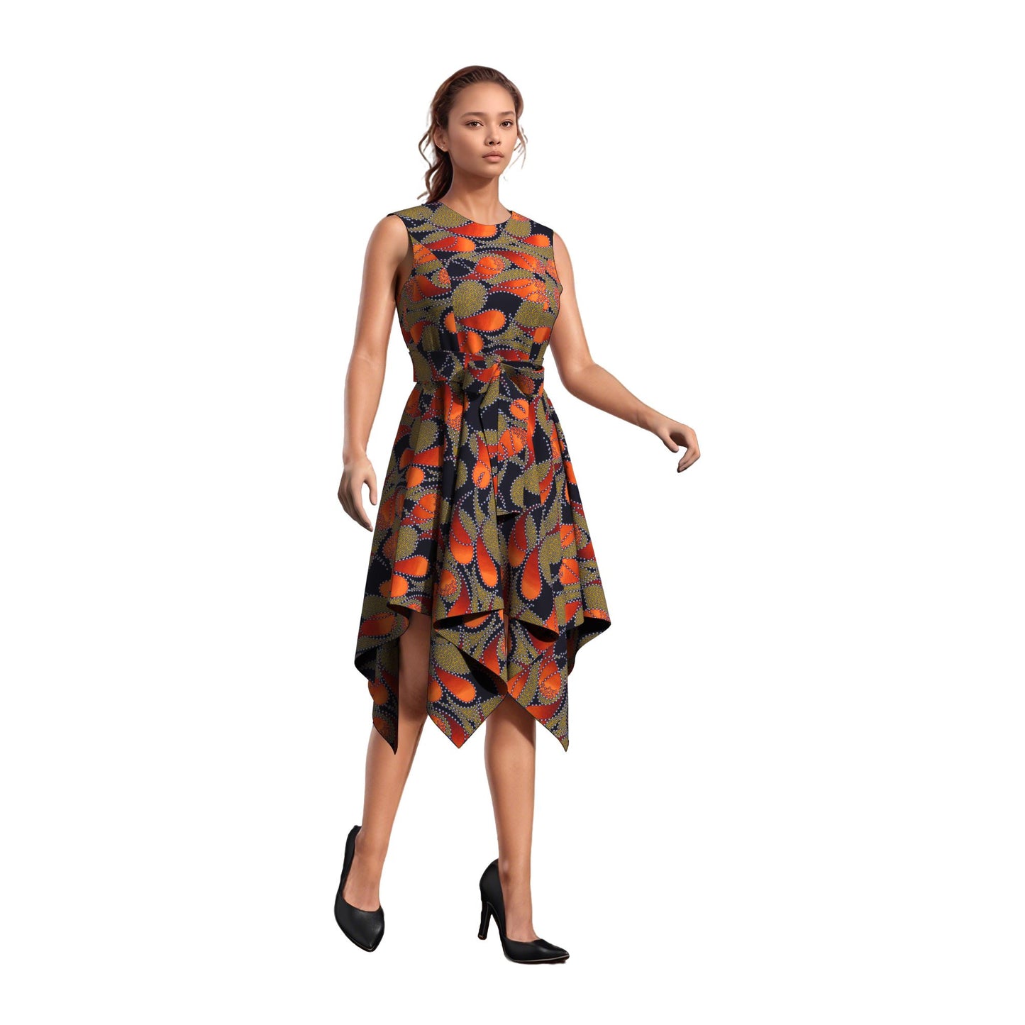 Sleeveless African Print Fit-and-Flare Dress with Asymmetrical Hem