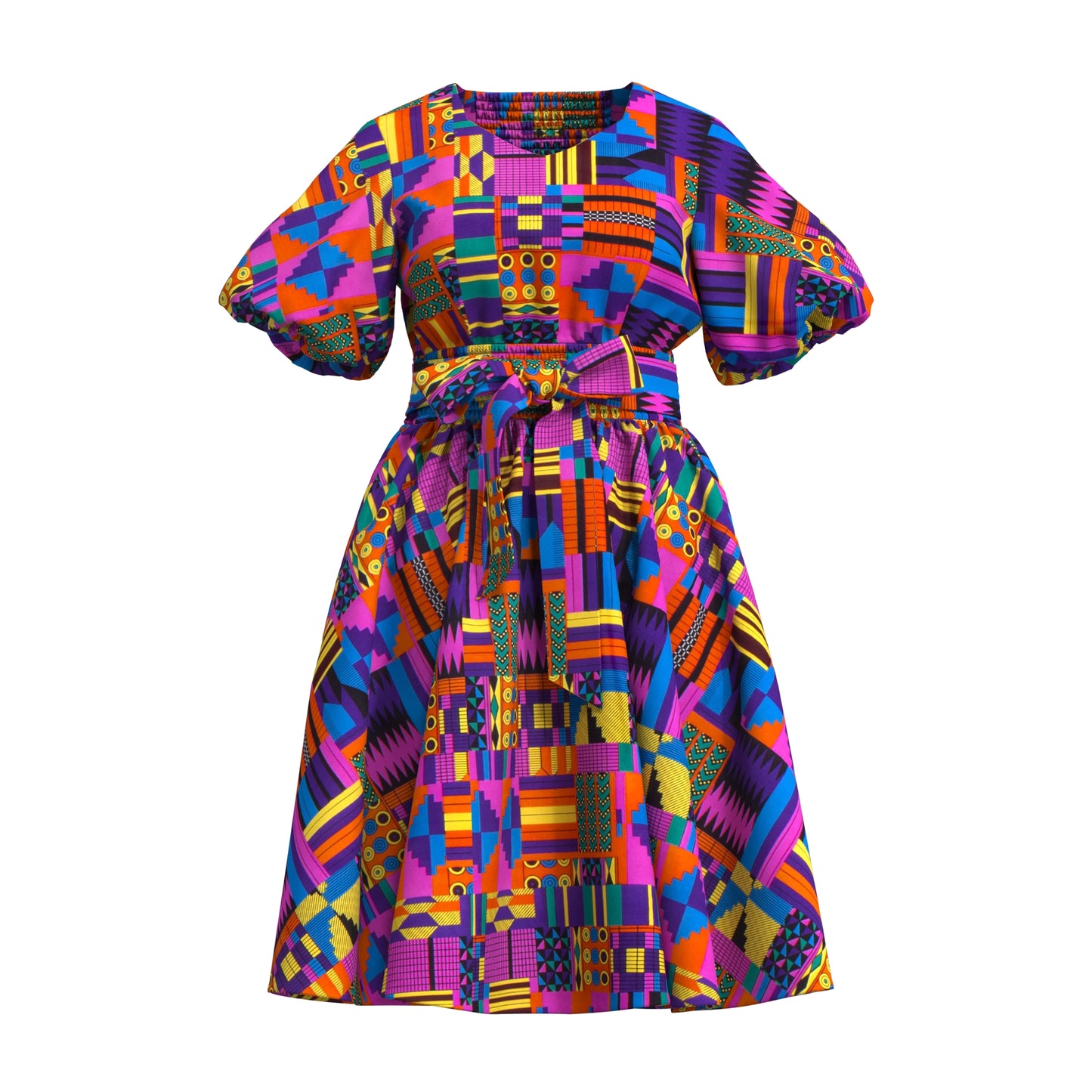African Print Smocked Waist A-Line Midi Dress with Belt