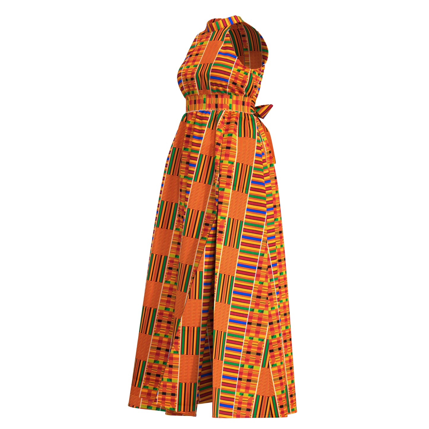 Ladies African Fabric Halter Maxi Dress With Back Bow & Side Split