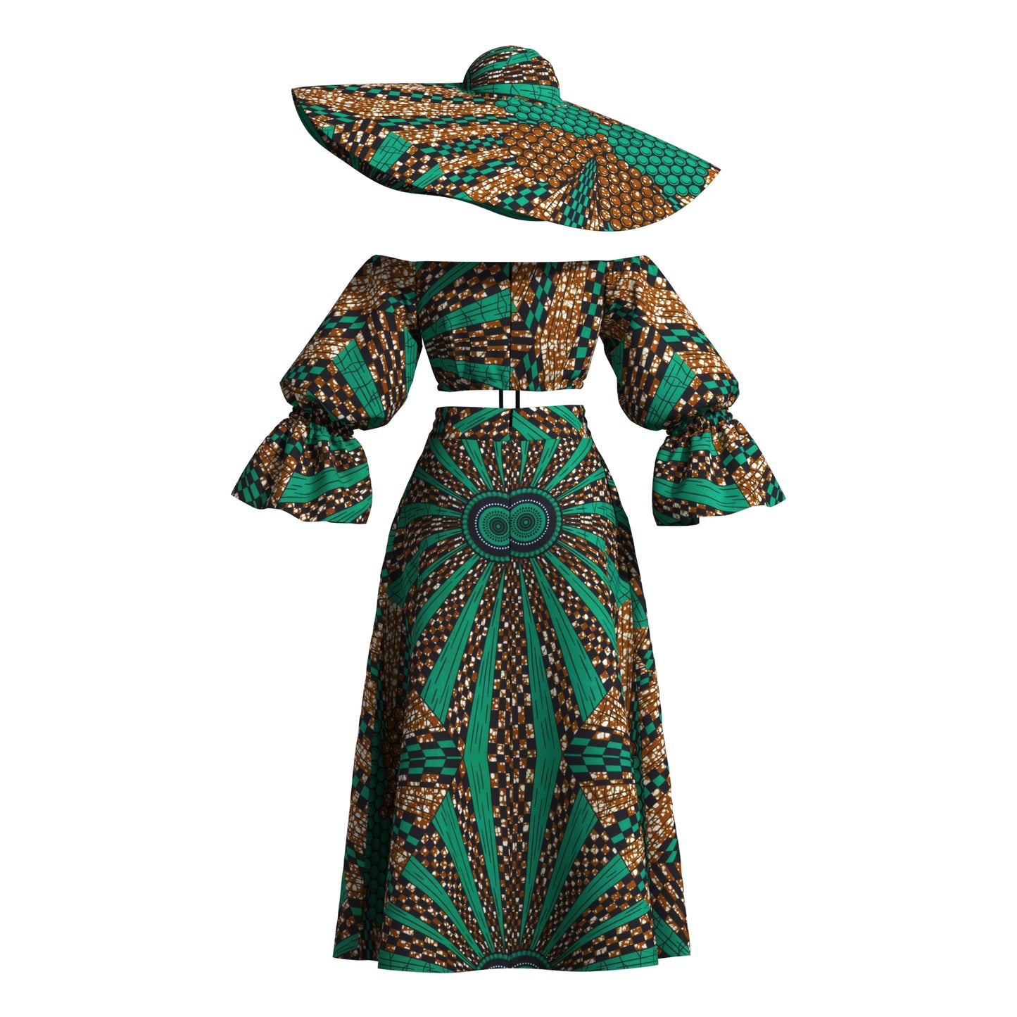 Vibrant African Wax Print Off-Shoulder Skirt Set with Wide Brim Hat – Afrocentric Circular Print Outfit