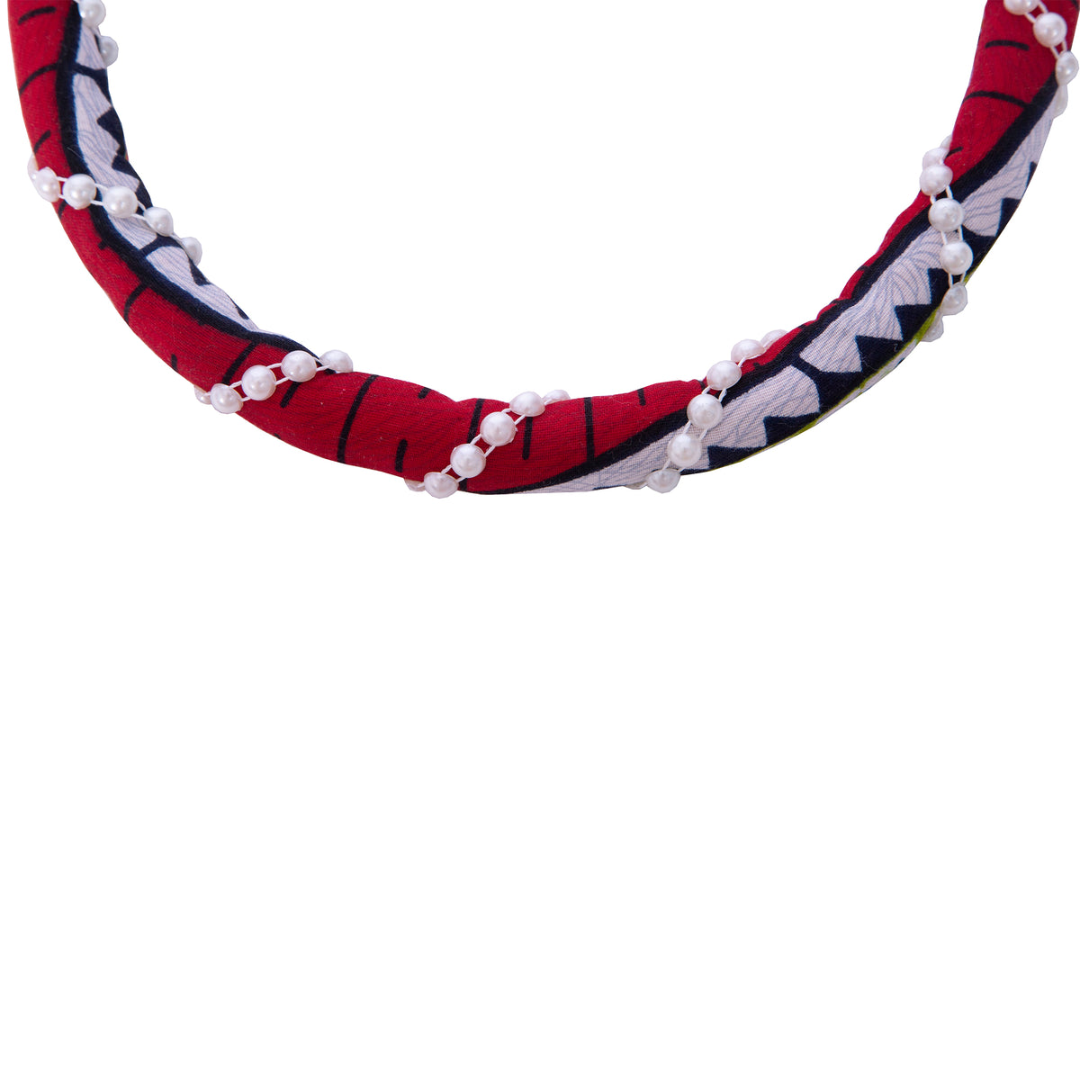 Ethnic African Print Wrapped Choker Necklace, Faux Pearl Accent Women Jewelry Accessories WYB1078