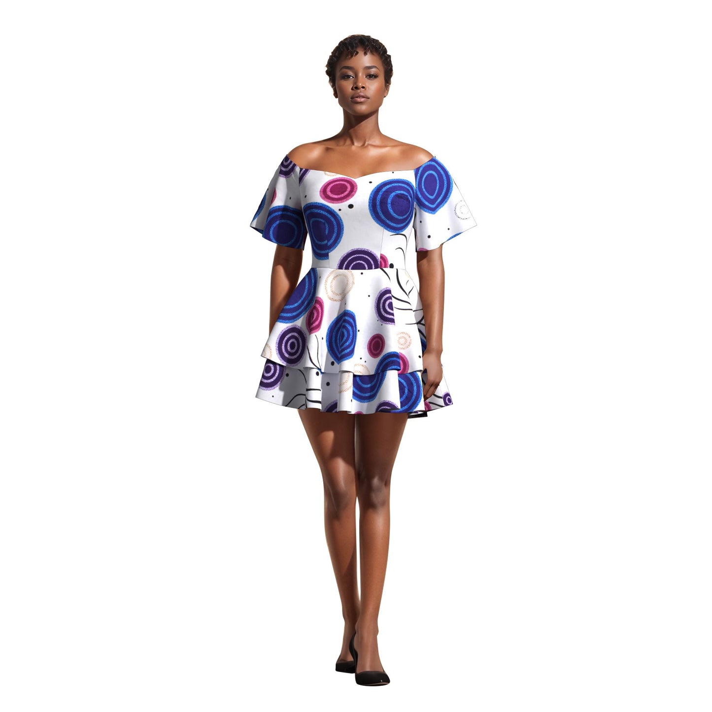 African Print Flowy Off-Shoulder Tiered Mini Dress for Women