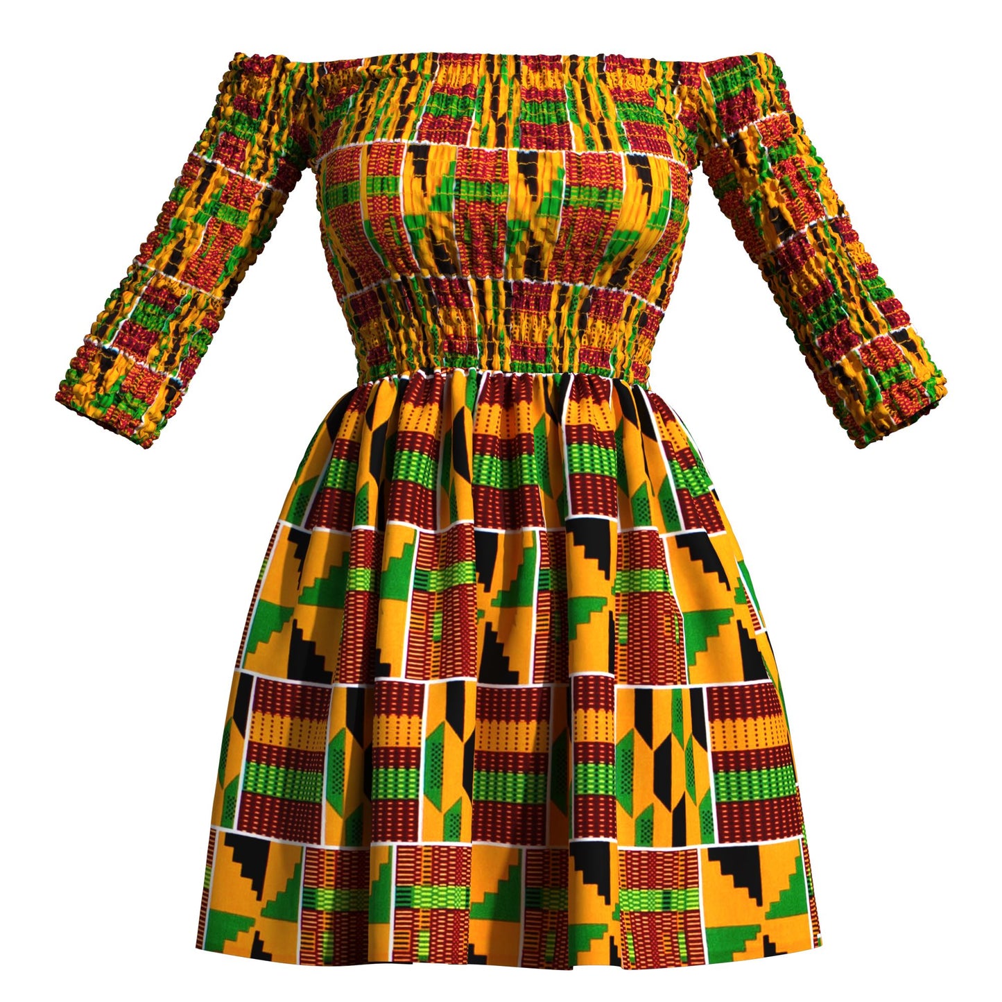 African Print Off Shoulder Flare Dress | Kente Pattern Short Party Dress for Black Women