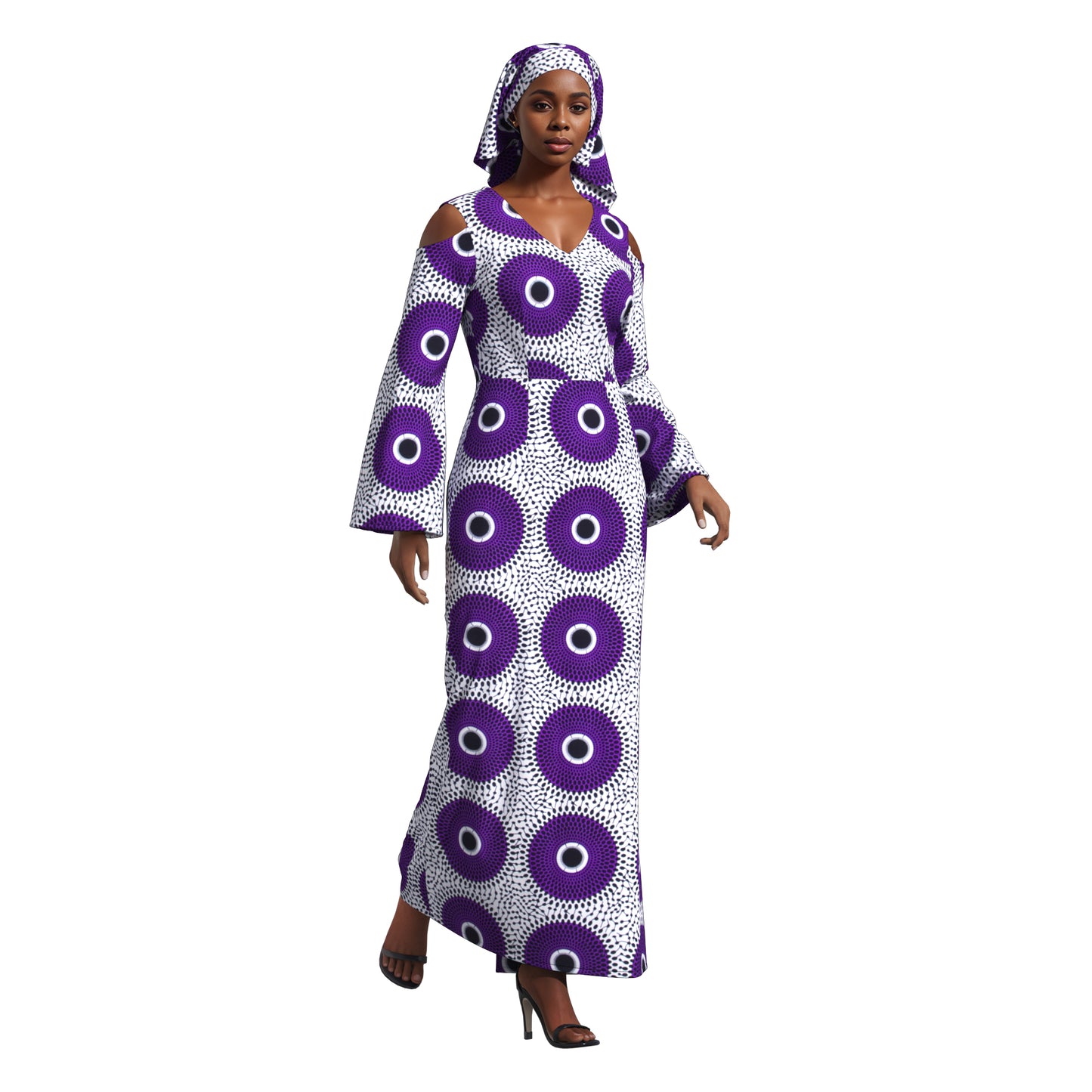 African Print High Waist Pleated Cold Shoulder Party Dress
