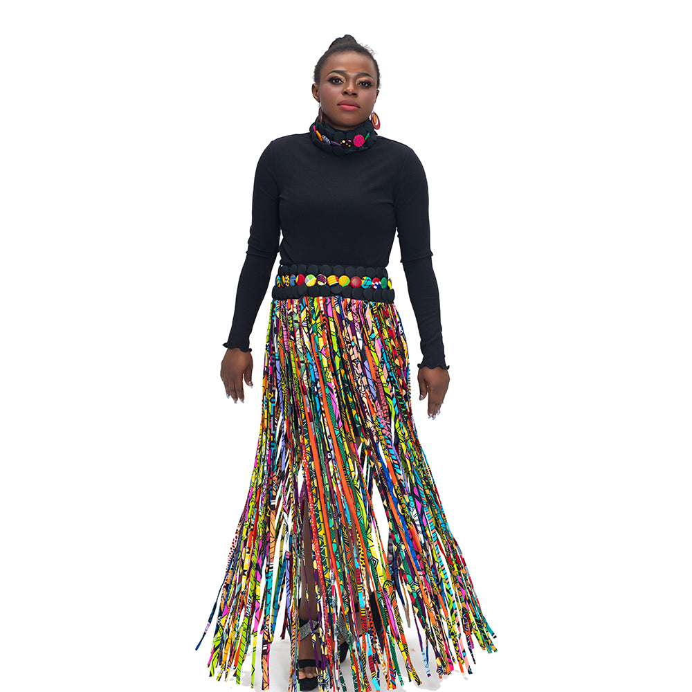 2-in-1 African Wax Print Fringe Tassel Wrap Skirt & Collar