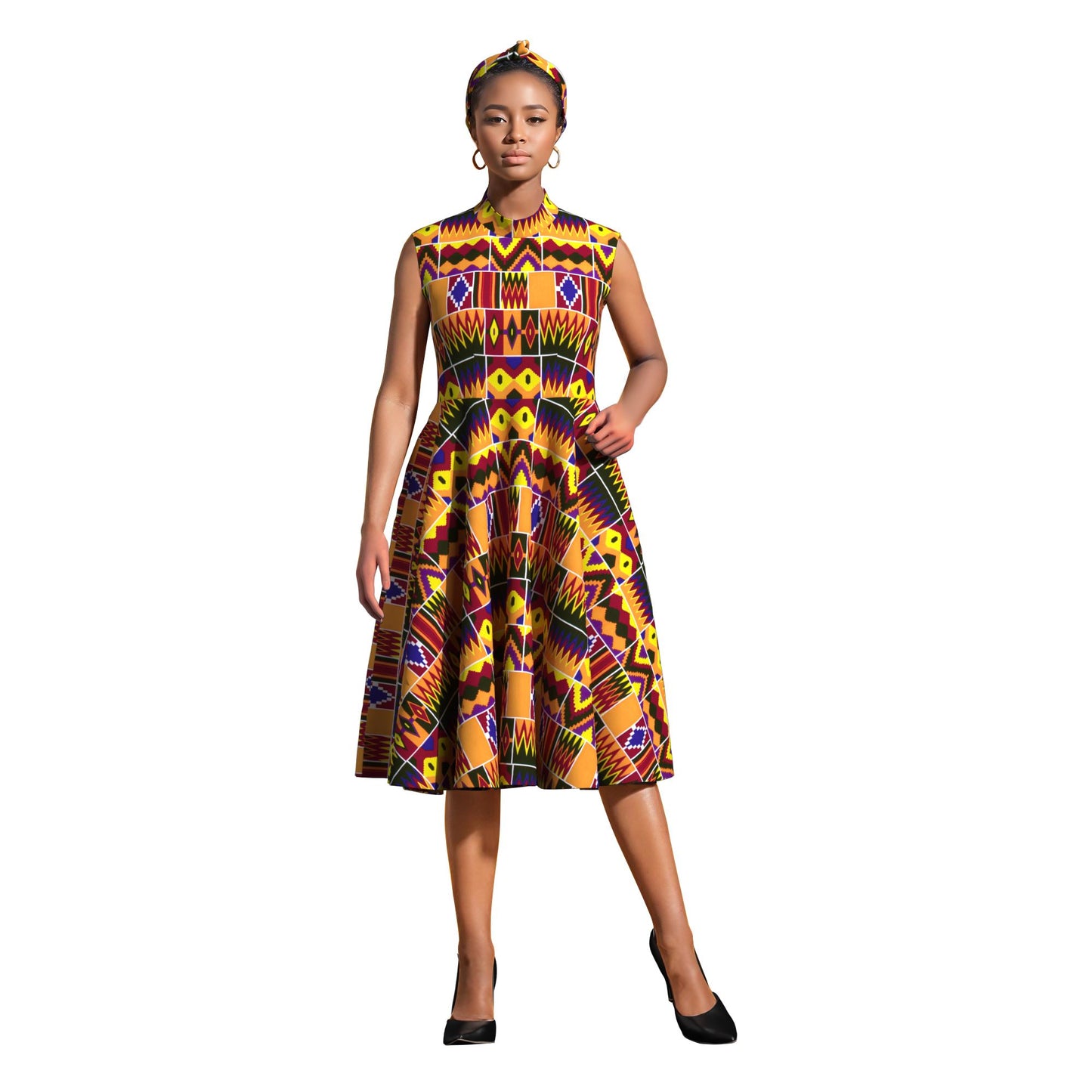 Ankara Print High Neck Sleeveless Midi Dress with Headband