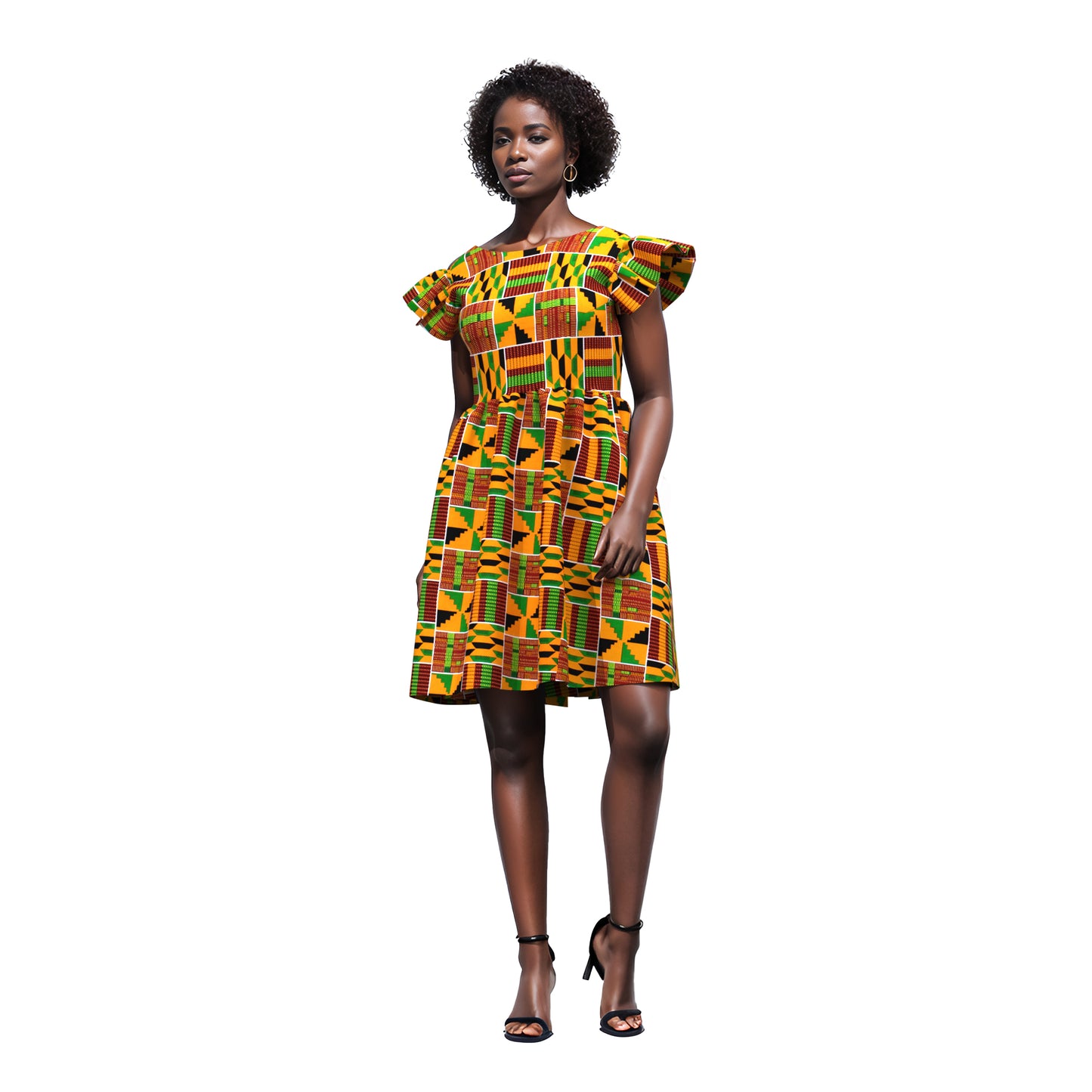 African Print Pleated Sleeve Tie-Back Backless Dress