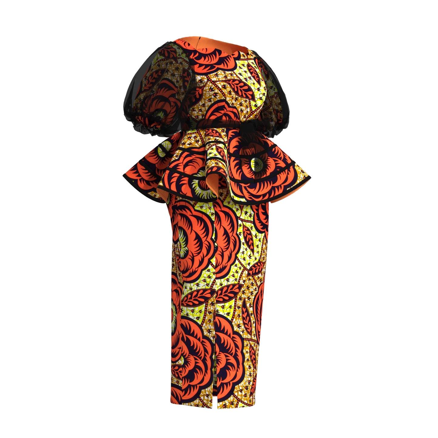 African Print Organza Sleeve Peplum Top & Midi Skirt Set