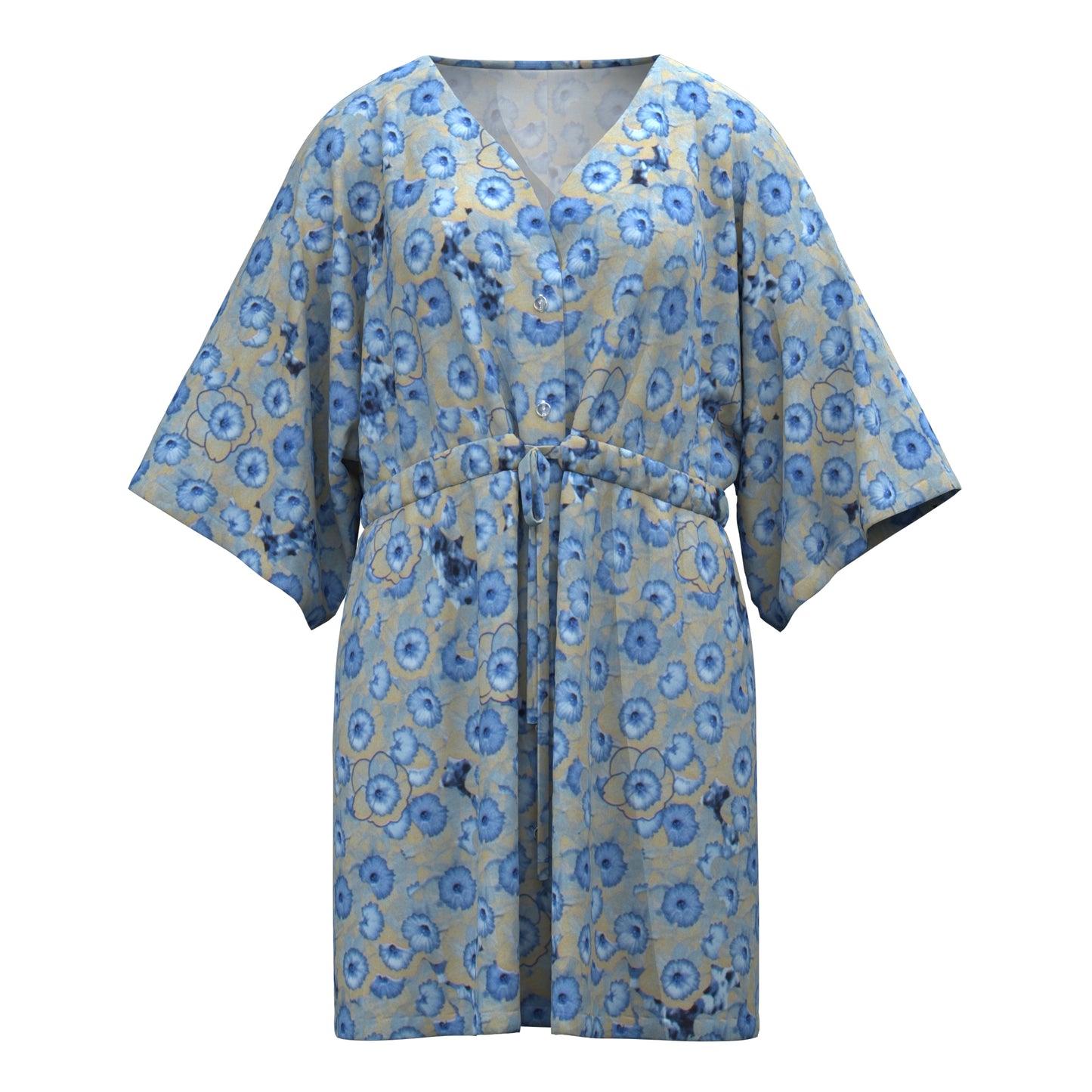 African Print V-Neck Drawstring Waist Batwing Sleeve Dress