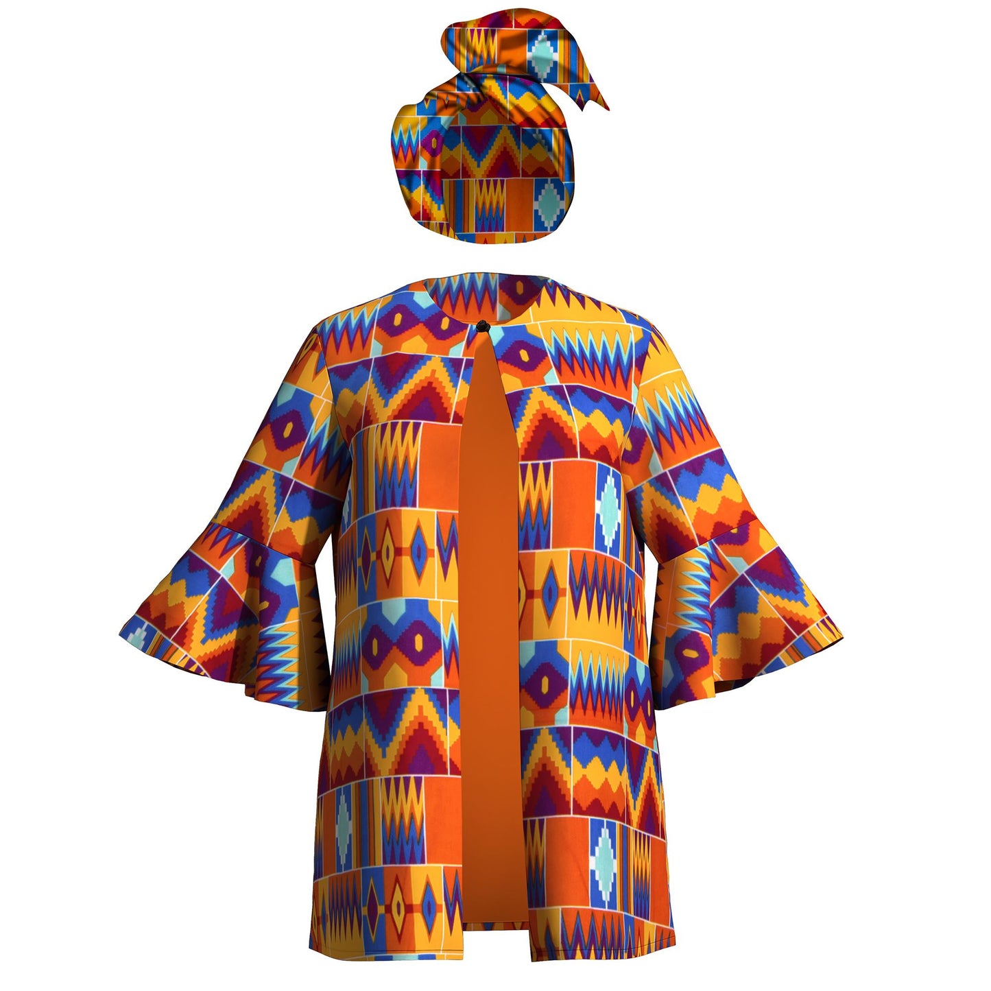 African Print Women's Jacket & Headwrap Set – Vibrant Geometric Pattern
