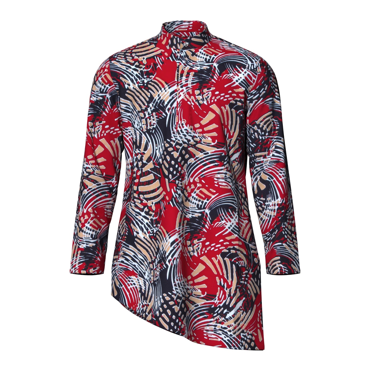 Ankara Print Men’s Mandarin Collar Asymmetric Hem Shirt