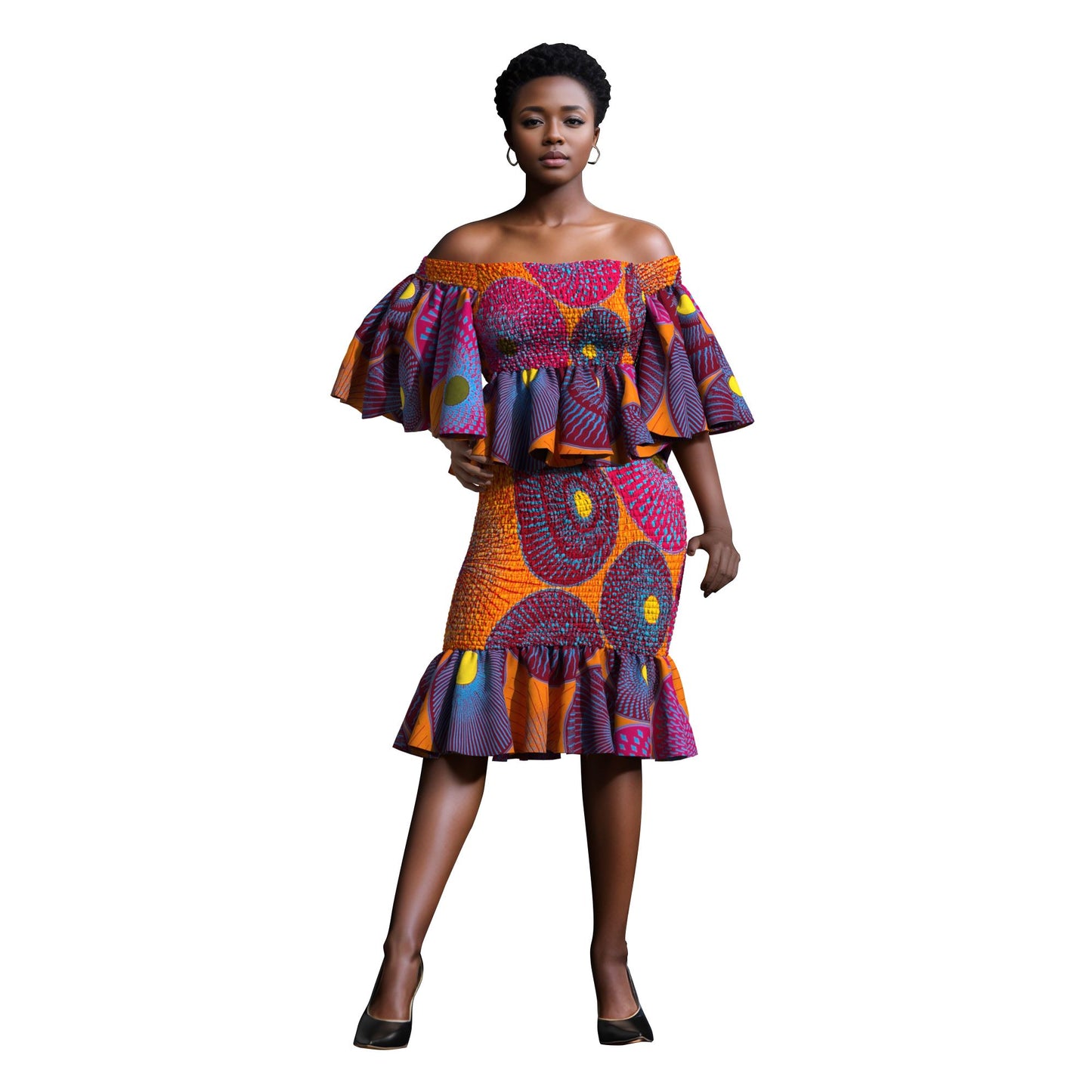 Smocked African Print Two-Piece Outfit with Flounce Sleeves