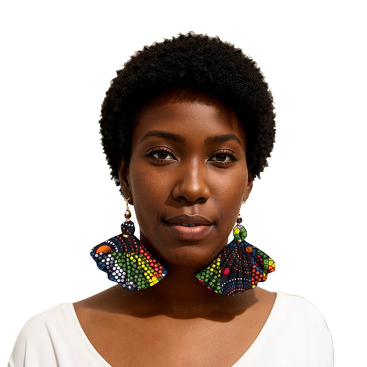 Handmade Fan Earrings with African Wax Print – Wire-Wrapped Cultural Dangle Earrings
