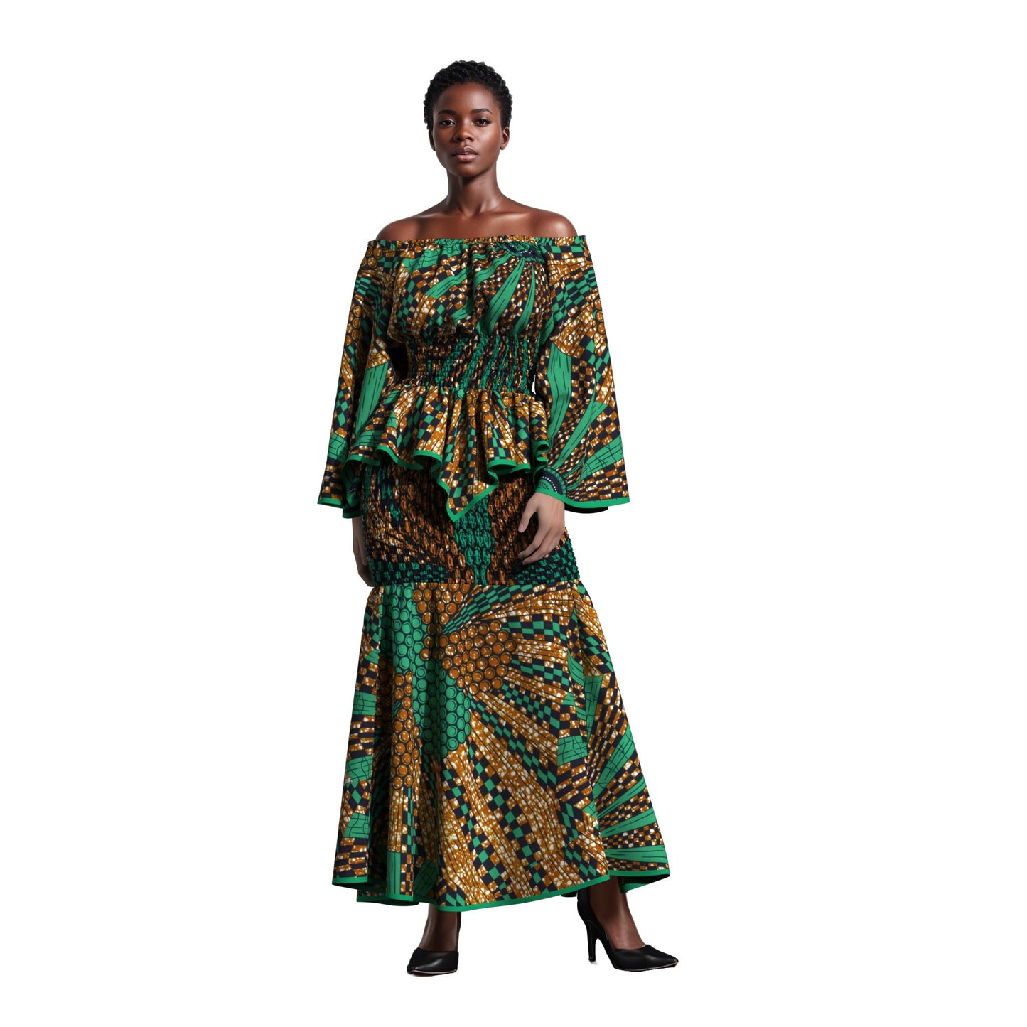 Fashion African Women Dashiki Print Off Shoulder Flare Sleeve Two Piece Set Full Smocked Stretch Casual Party Outfit