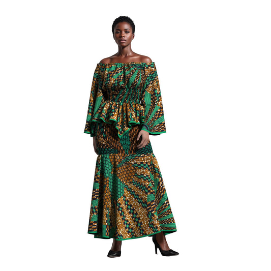 Fashion African Women Dashiki Print Off Shoulder Flare Sleeve Two Piece Set Full Smocked Stretch Casual Party Outfit