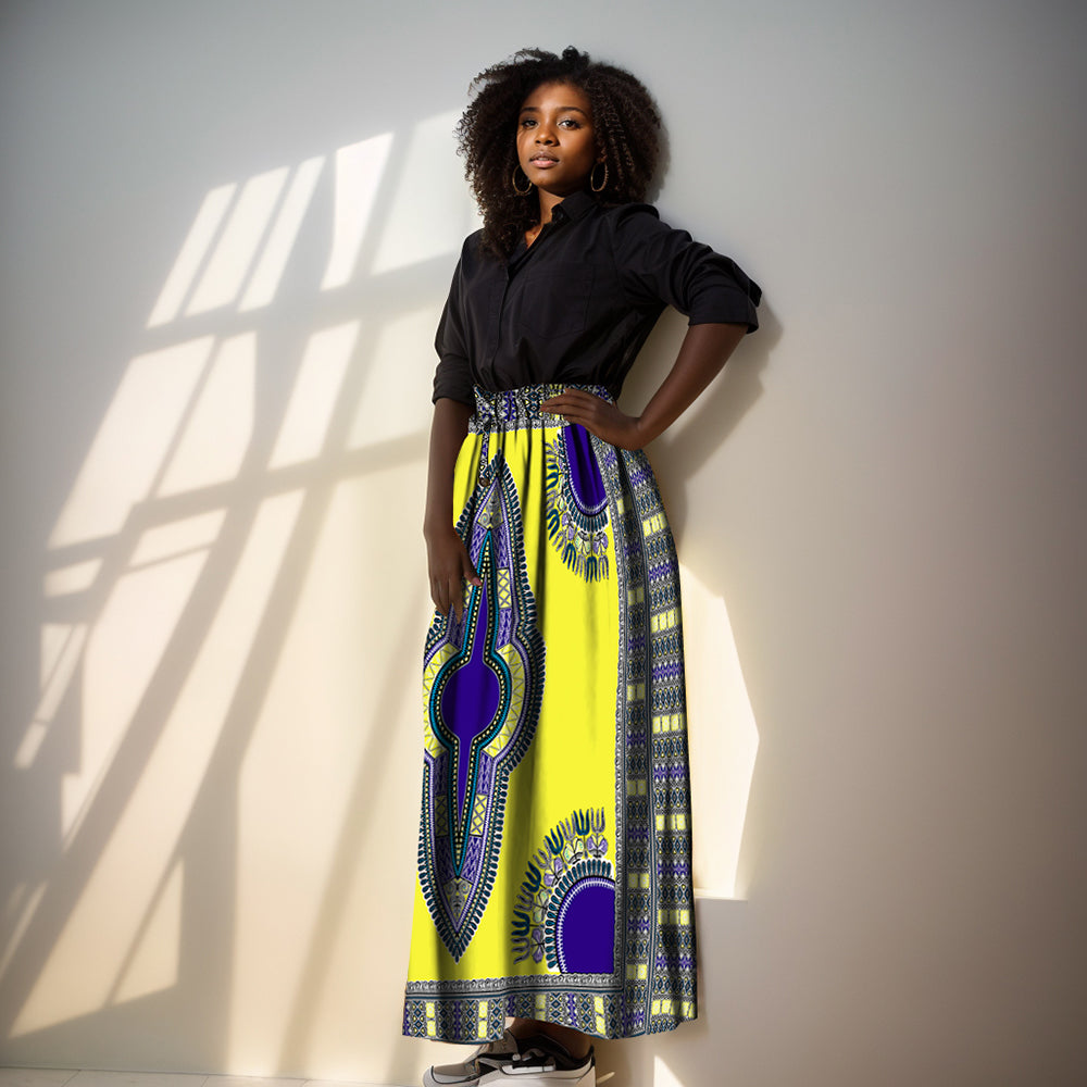 Women's High Waist Flowy Maxi Skirt Elastic & Drawstring Waist African Dashiki Pattern