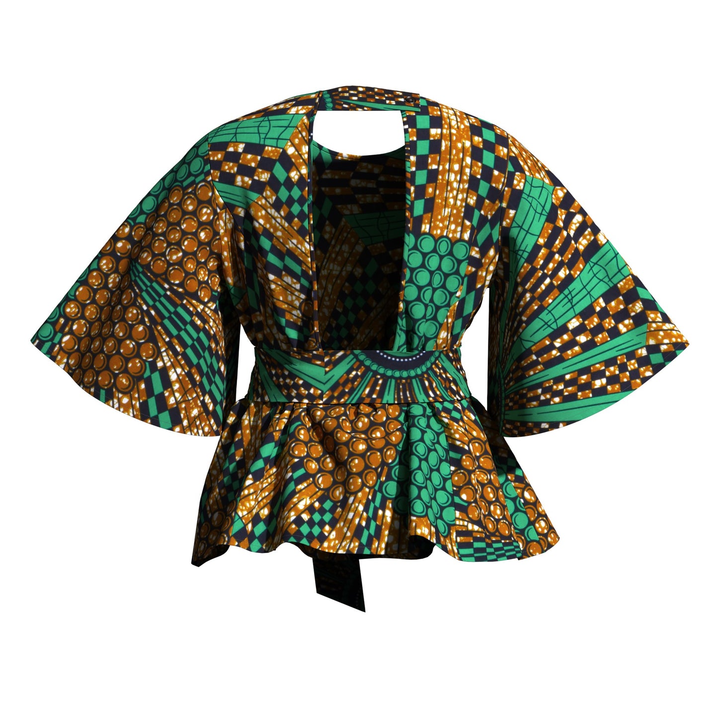 African Print Flare Sleeve Peplum Blouse with Waist Sash