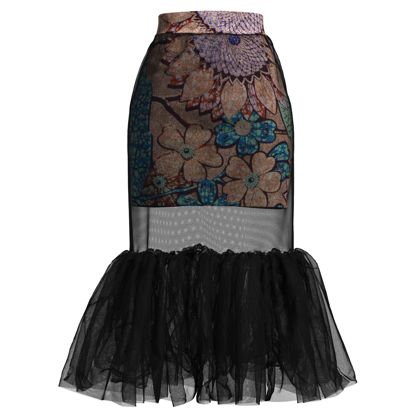 African Print Mesh Overlay Mermaid Midi Skirt