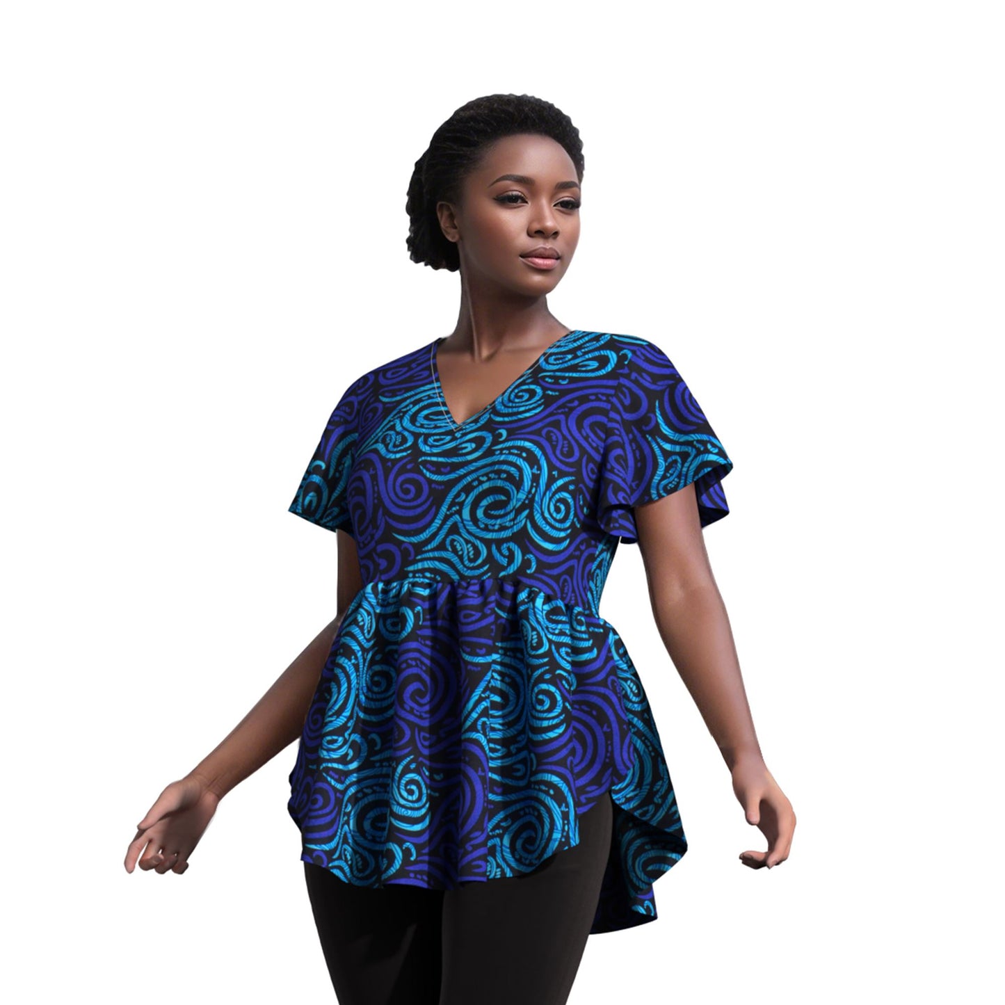 African Print V Neck Irregular Hem Fashion Women Peplum Top