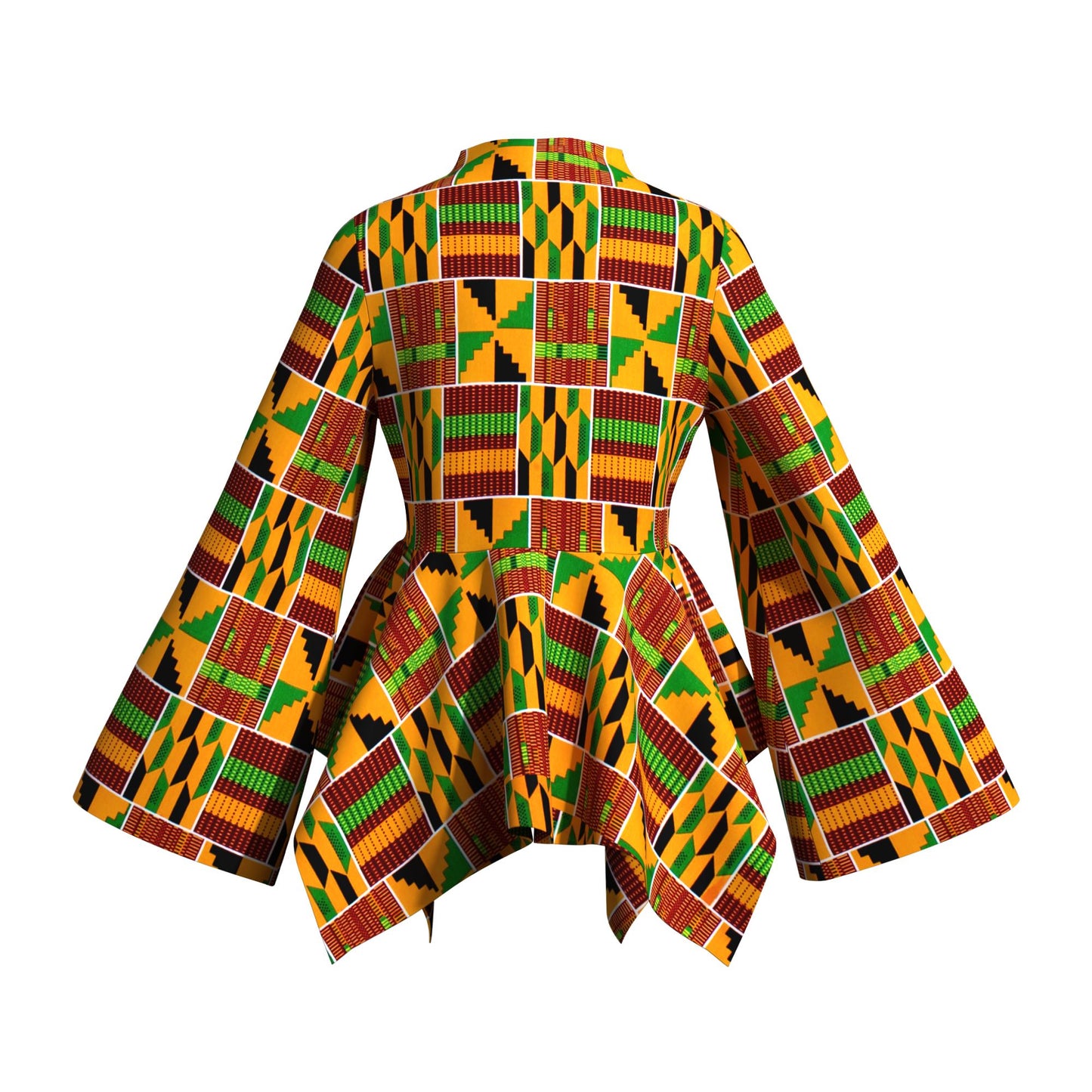 Kente Print Asymmetric Peplum Top with Bell Sleeves